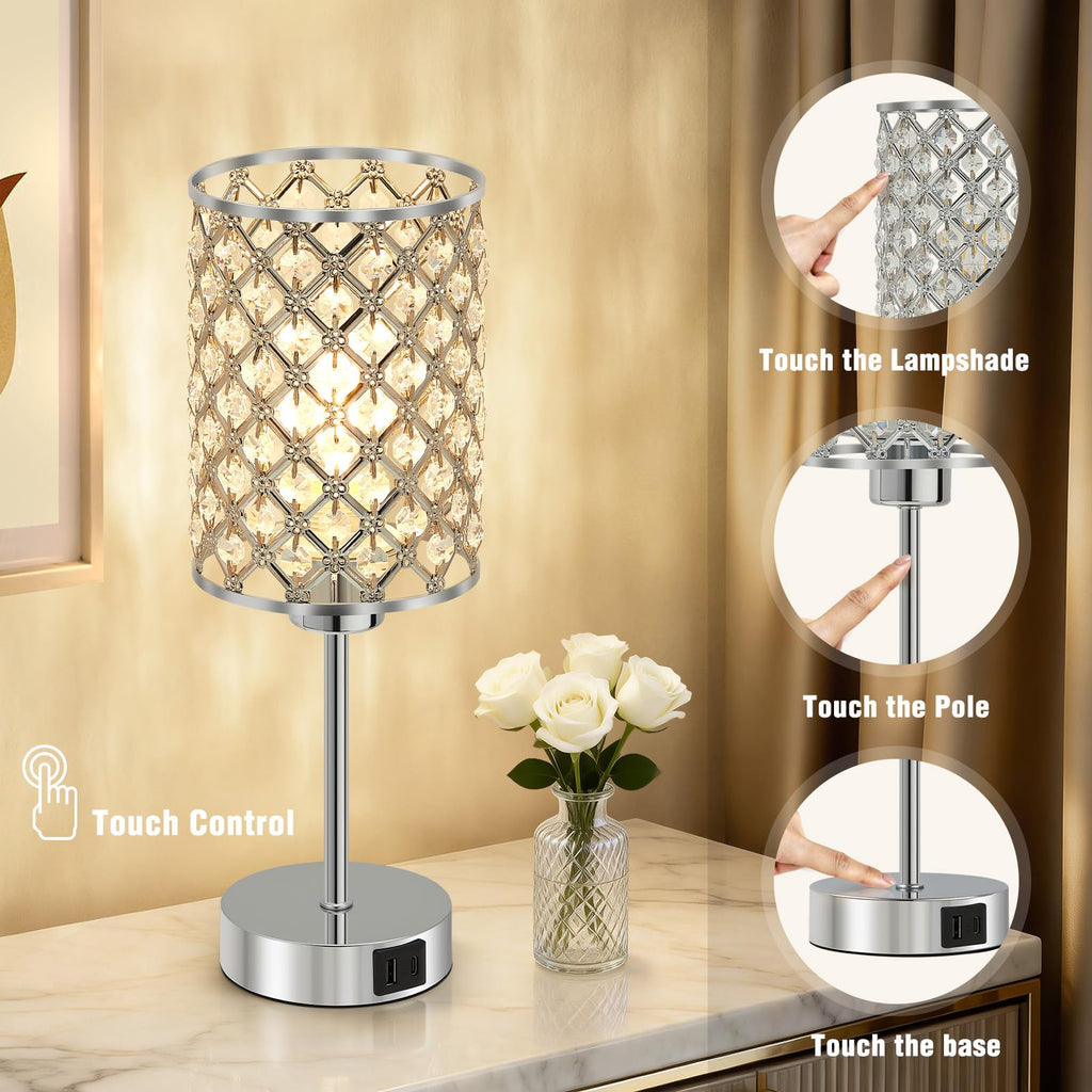 Silver Crystal Bedside Table Lamps Set of 2 with USB C+A Ports