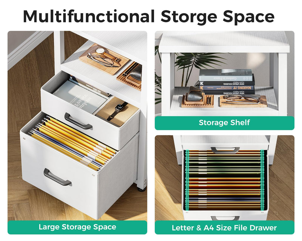 L Shaped Computer Desk with 6 Drawers & Power Outlet, 55 Inch Corner Desk with Reversible Storage Shelf & File Drawer, Home Office Desk, White