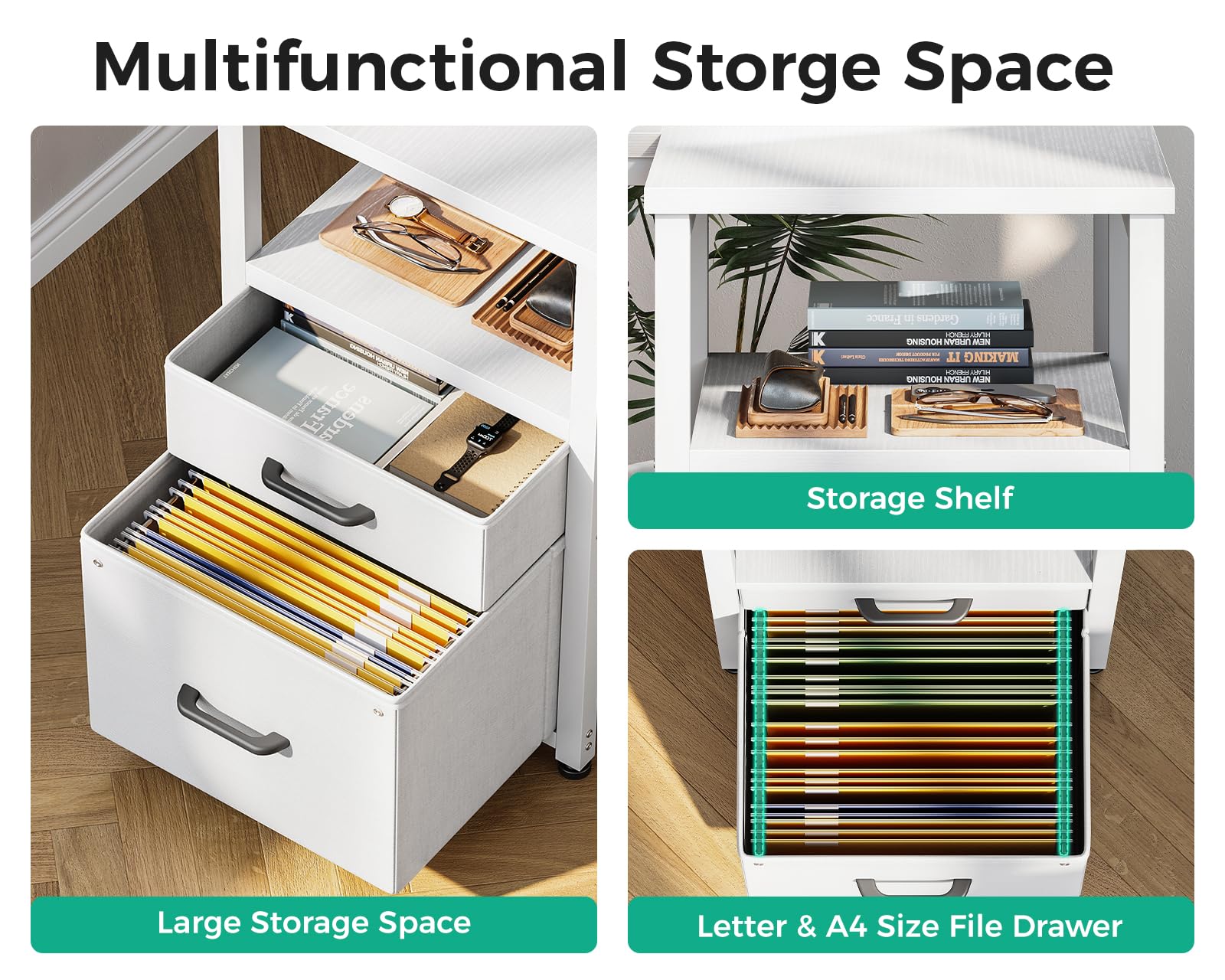 L Shaped Computer Desk with 6 Drawers & Power Outlet, 55 Inch Corner Desk with Reversible Storage Shelf & File Drawer, Home Office Desk, White