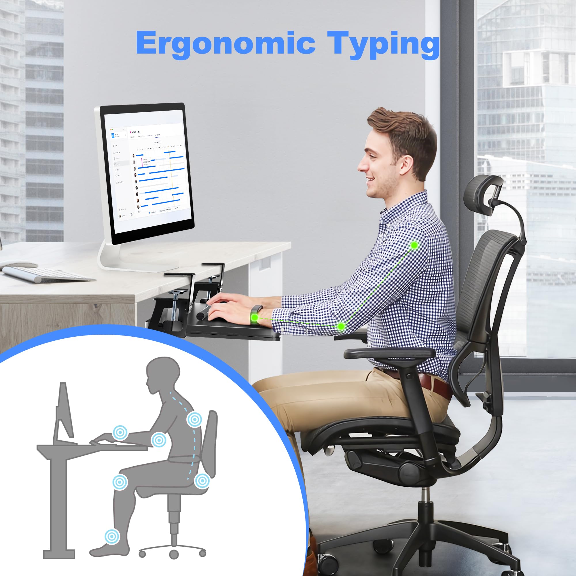 Keyboard Tray Under Desk Large C-Clamp 25.6” (30” Including Clamps) x 11.8” Slide-Out Platform Computer Drawer Pull Out Keyboard & Mouse Tray Black