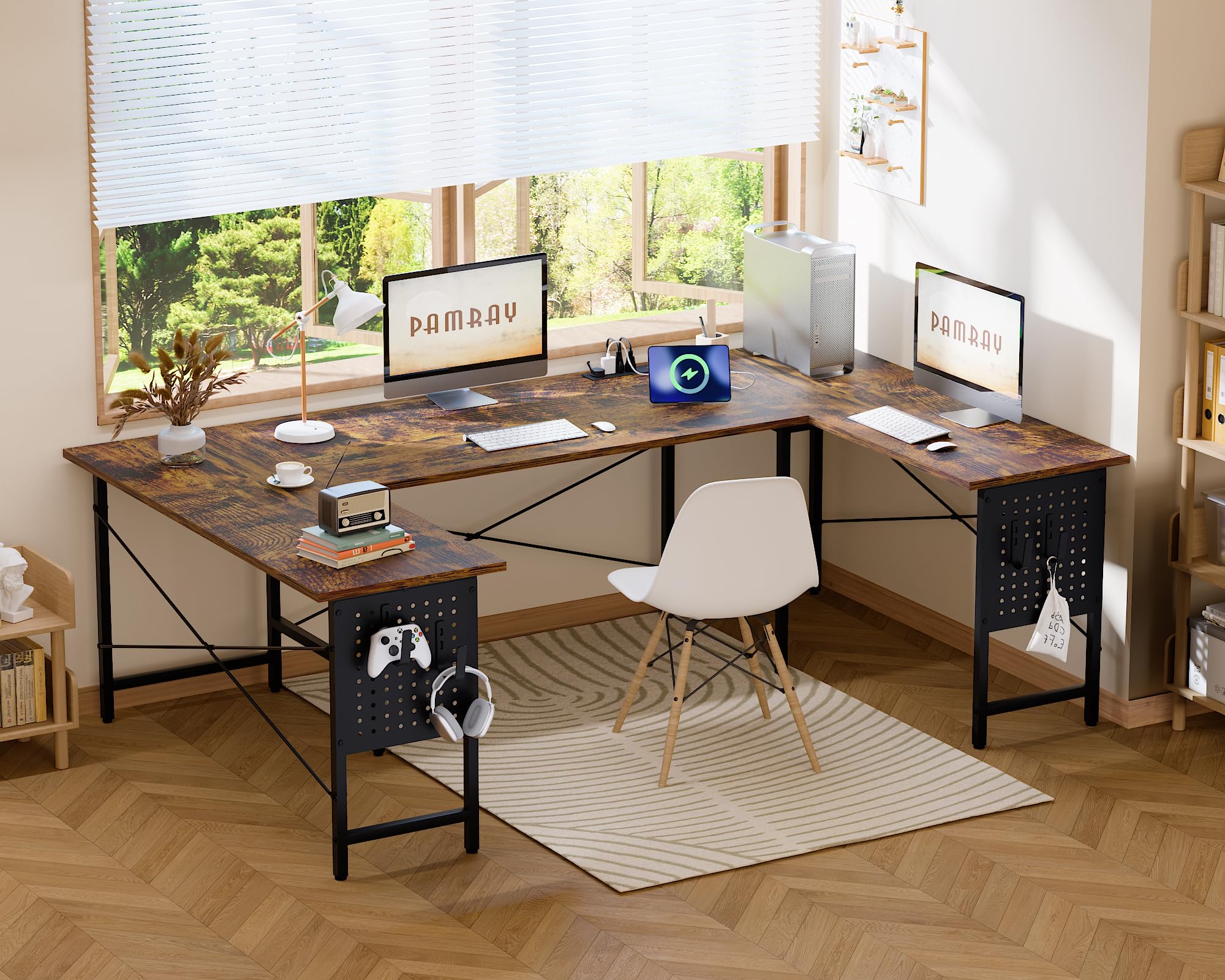 71 Inch Large Computer Desk with Power Outlets,U Shaped Corner Desk for Home Office Work and Gaming Vintage