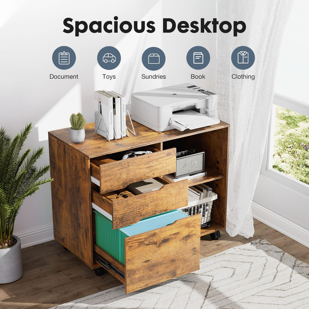 File Cabinet with 3 Drawers, Wood Under Desk Storage Printer Stand