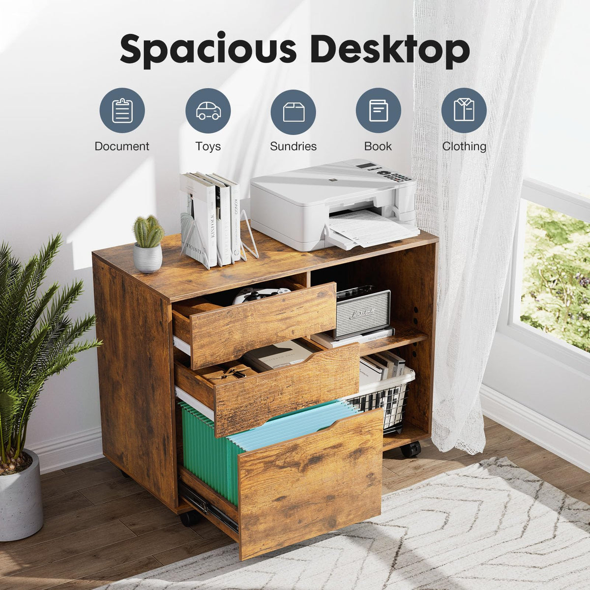 File Cabinet with 3 Drawers, Wood Under Desk Storage Printer Stand