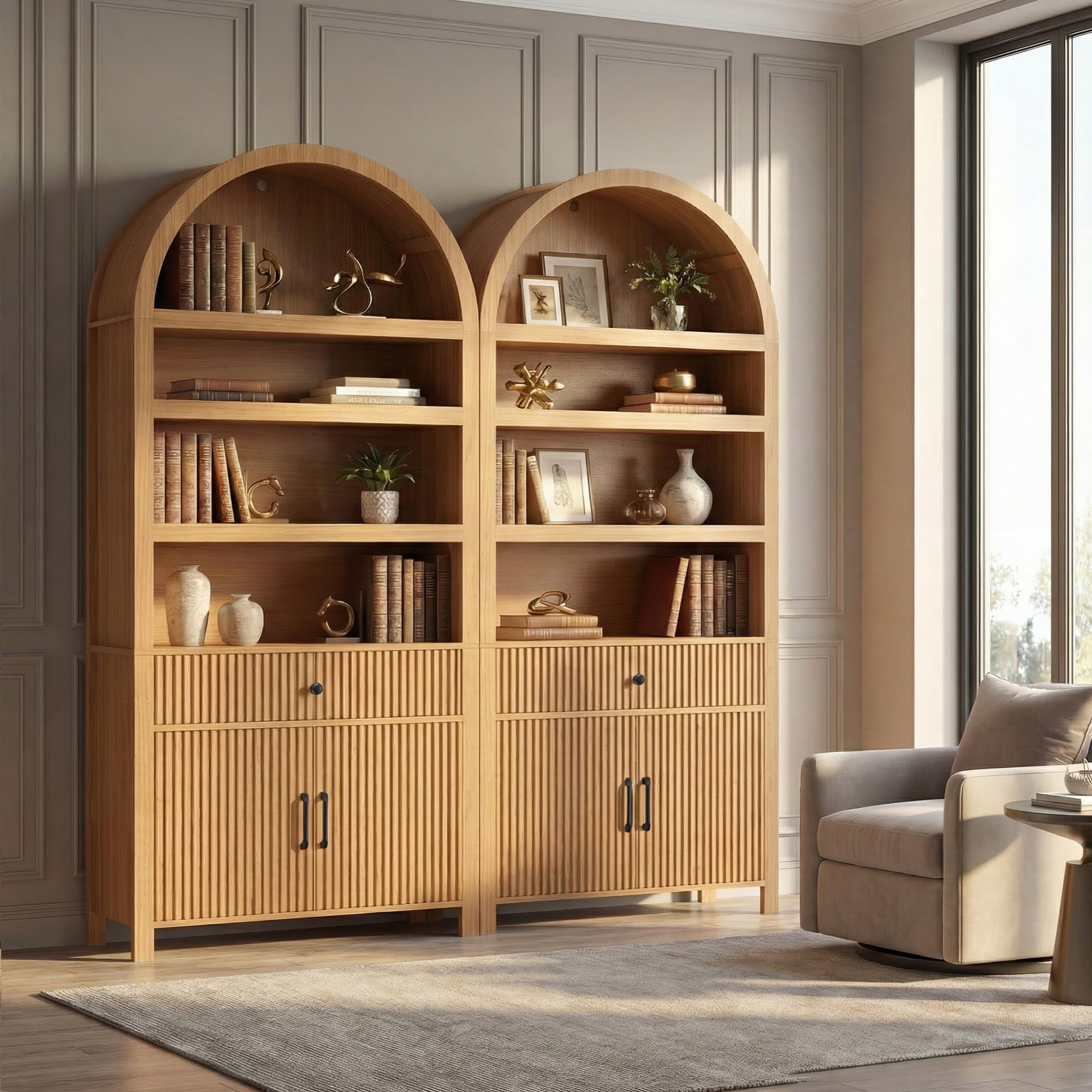 Book Shelf 70" Tall Bookcase with Drawer, 7-Tier Arched Cabinet with Storage and Fluted Door, Mid-Century Modern Modular Arch Bookshelf for Office Living Room Bedroom Library (Oak, 2)