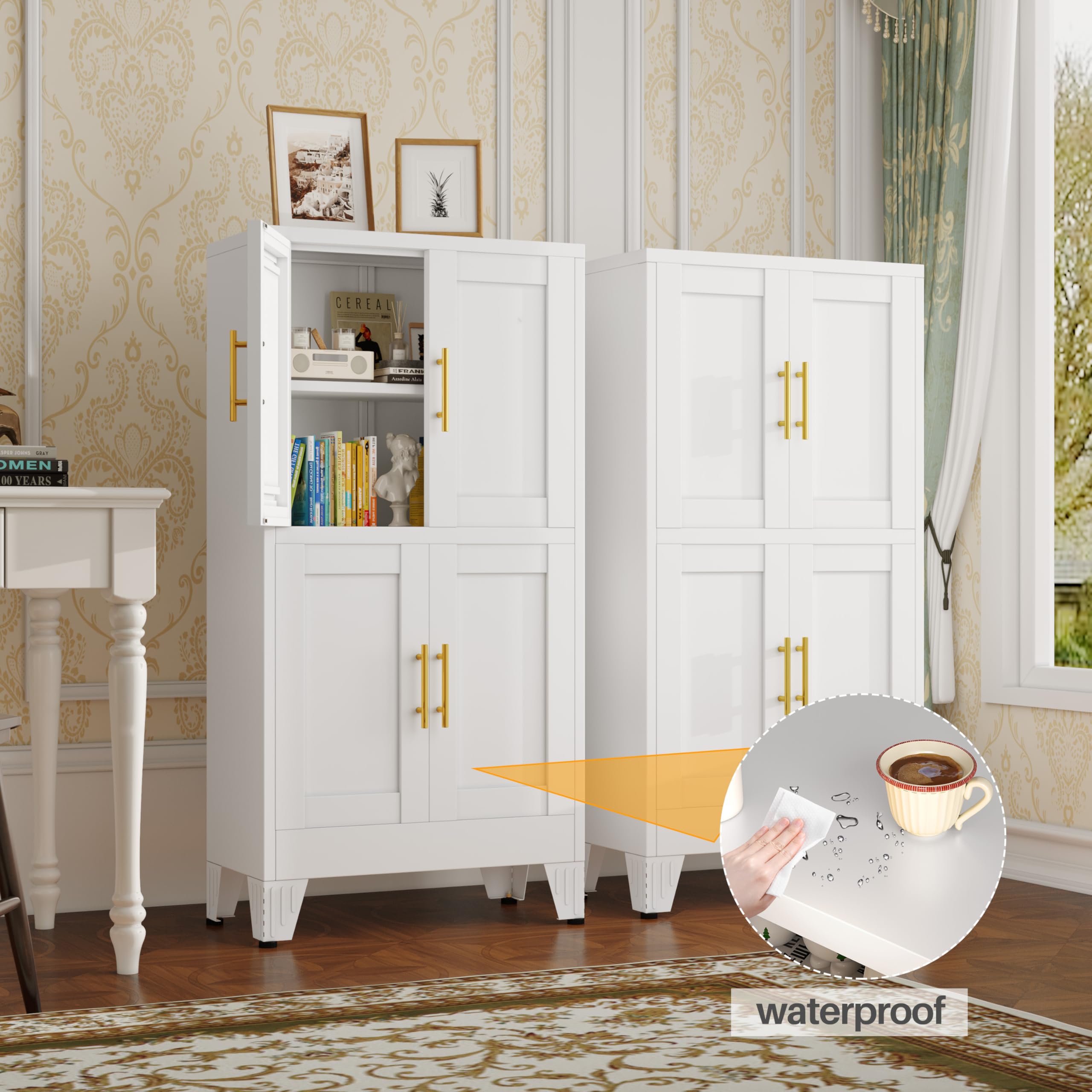 47” White Metal Storage Cabinet, Kitchen Pantry Cabinet