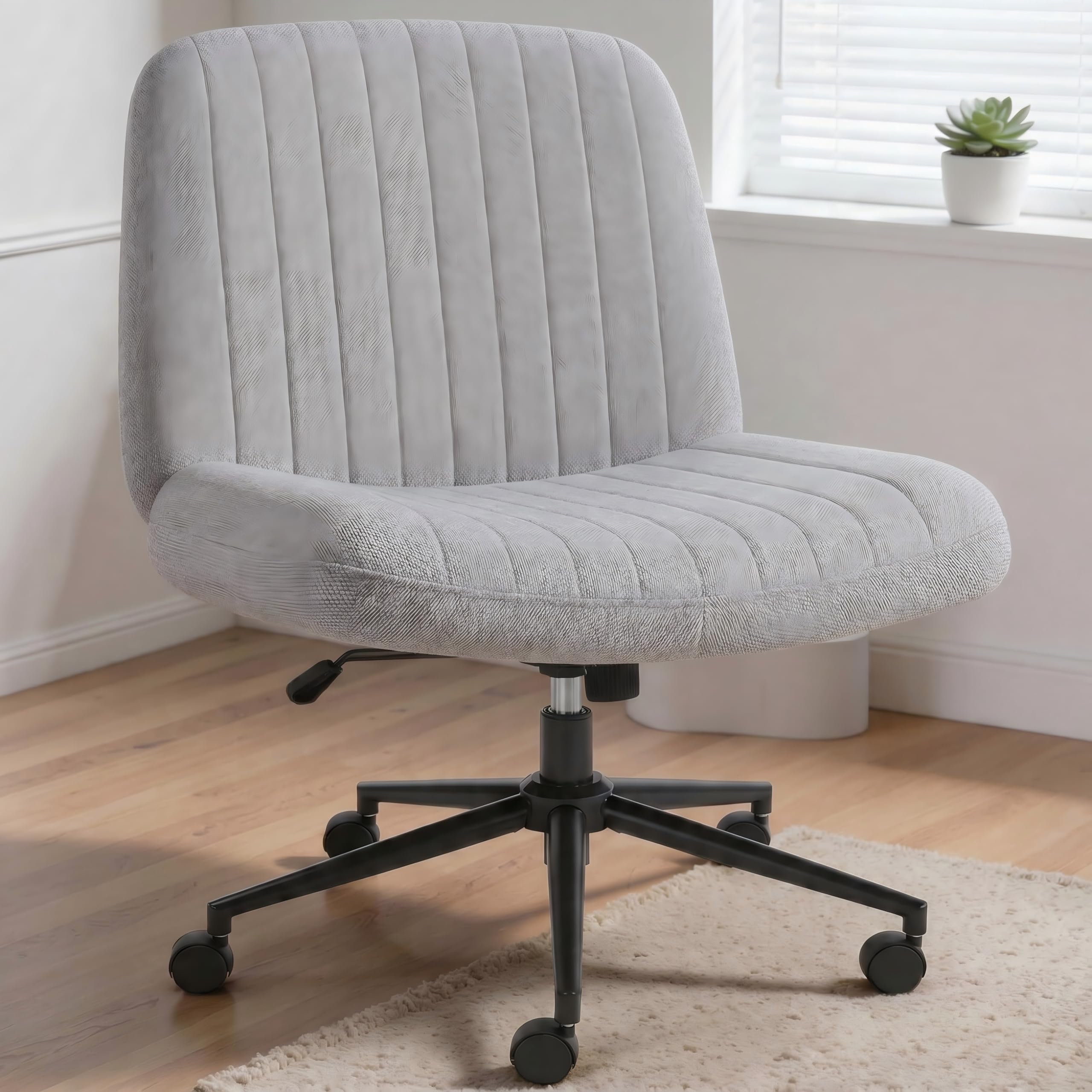 Criss Cross Chair,Cross Legged Office Seat with Wheels Armless Swivel Vanity Chair,Height Adjustable Wide Computer Task Seating for Home Office,Grey ﻿