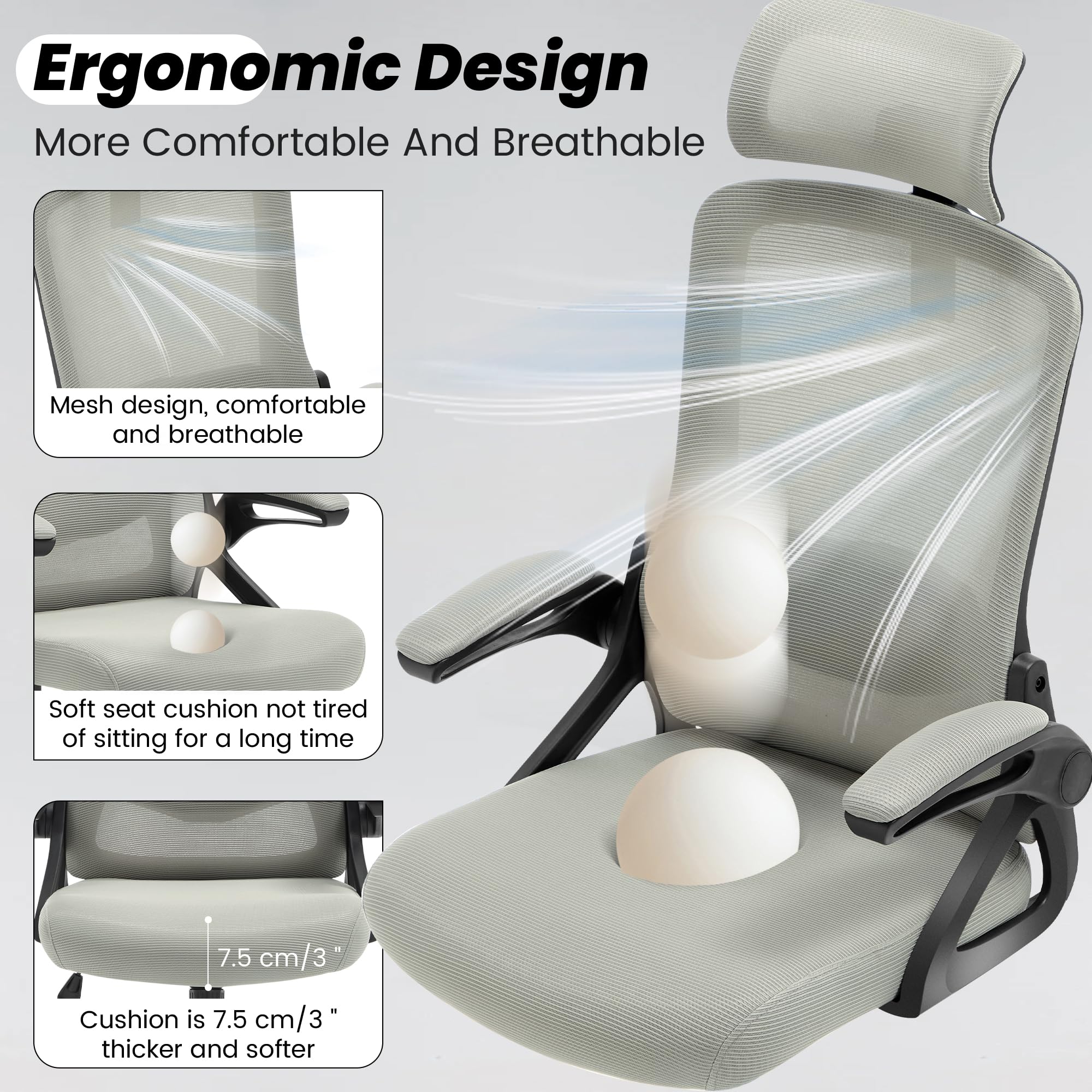 Ergonomic Office Chair, 400 LBS Computer Chairs with Adjustable Lumbar Support, Breathable Mesh Desk Chair Ergonomic with Thickened Cushion, Comfy Home Office Desk Chair (Dark Gray)
