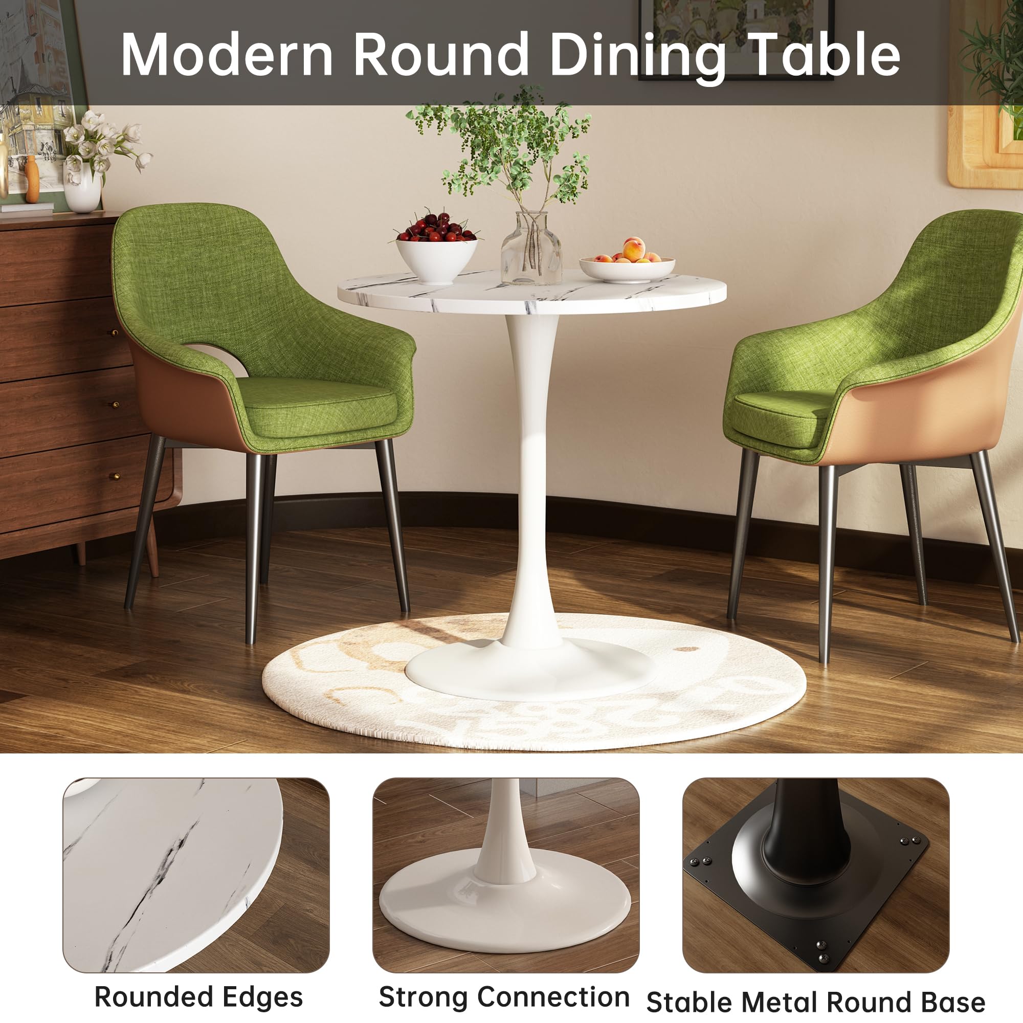 Kasinali White Marble Round Dining Table 24" Circle Tulip Table with Thickened Tabletop & Sturdy Metal Pedestal Mid Century Modern Leisure Bistro Kitchen Tables 2 People Small Places Living Room Cafe