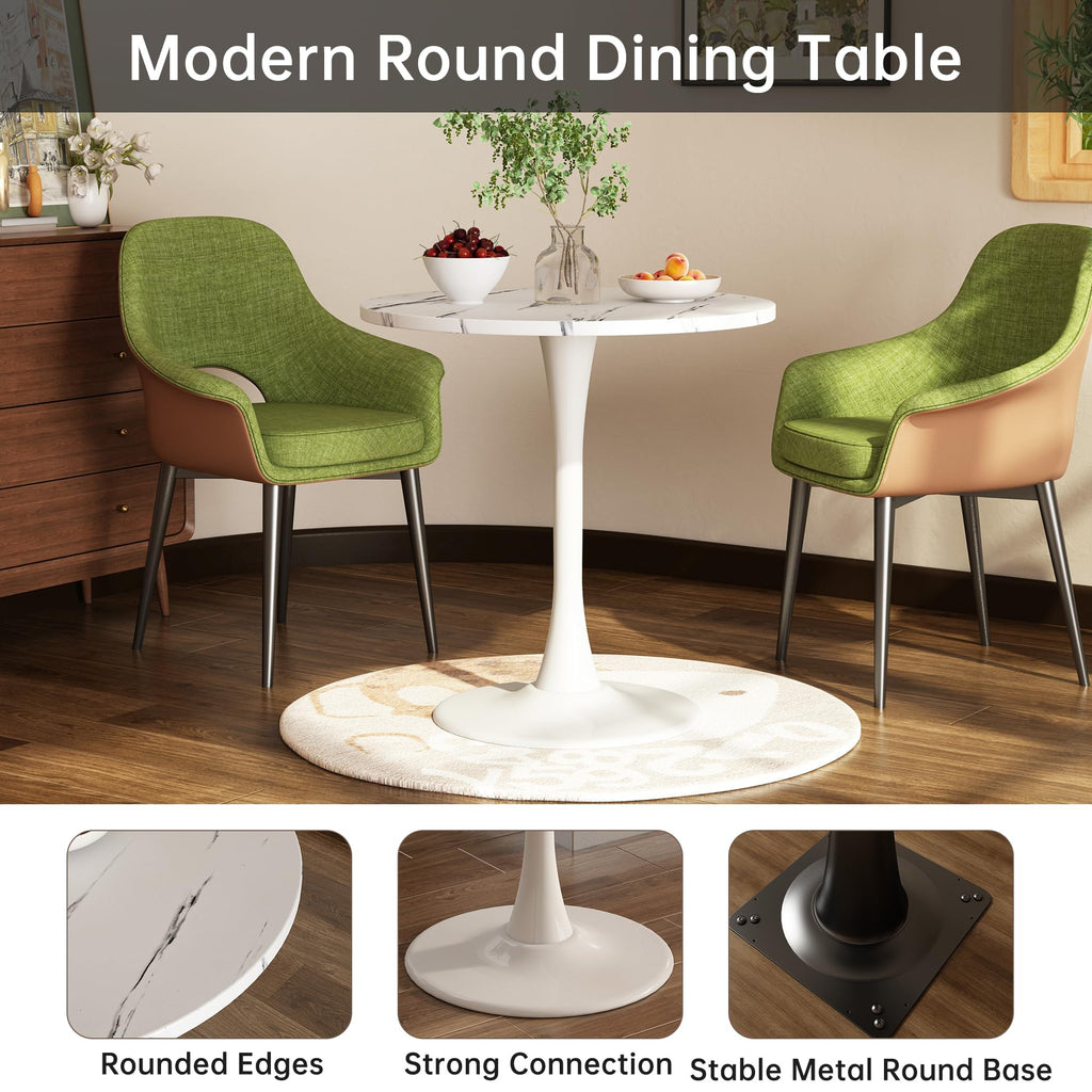 Kasinali White Marble Round Dining Table 24" Circle Tulip Table with Thickened Tabletop & Sturdy Metal Pedestal Mid Century Modern Leisure Bistro Kitchen Tables 2 People Small Places Living Room Cafe