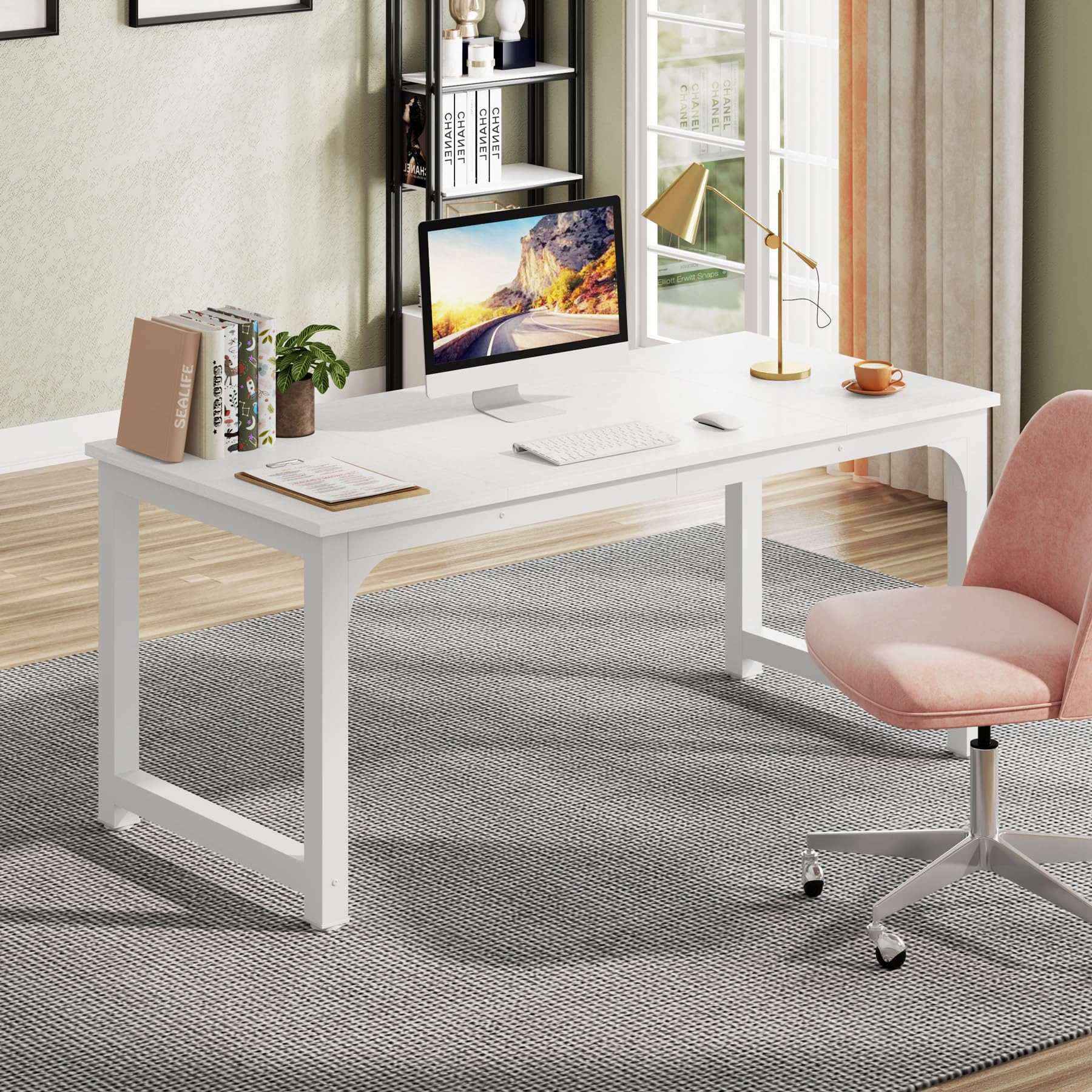 63”Executive Desk, Large Office Computer Desk with Thicken Frame, Modern Simple Workstation Business Furniture for Home Office, White