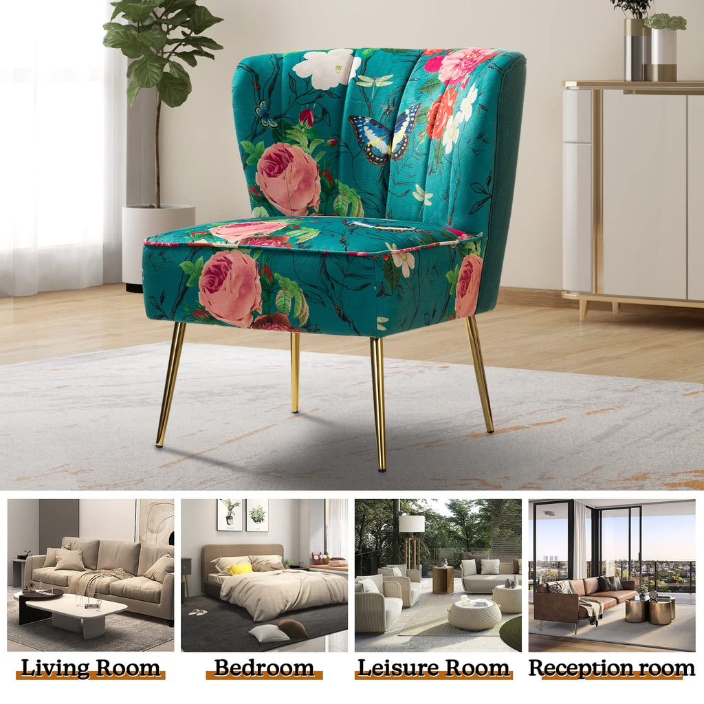 Accent Chair Set of 2 with Golden Legs, Comfy Floral Fabric Living Room Chair, Wingback Small Armless Side Chair, Upholstered Slipper Chair for Bedroom, Reading Room (Flower Print, Blue)