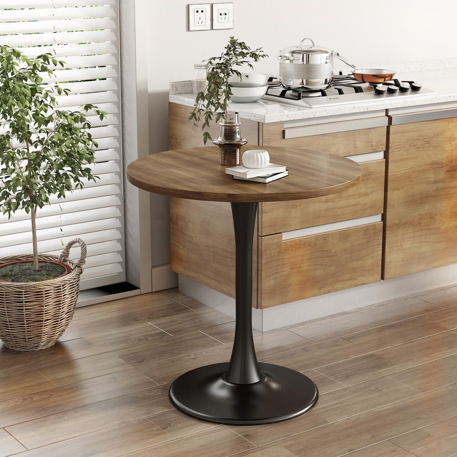 Kasinali Round Dining Table 31.5" Circle Tulip Table with Wood Thickened Tabletop & Sturdy Metal Pedestal Mid Century Modern Farmhouse Kitchen Tables for 4 Small Places Living Room Cafe,Somber Walnut