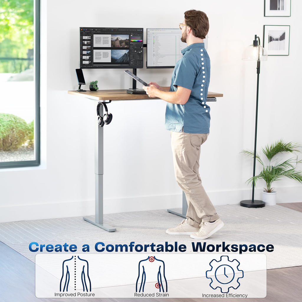 Electric 48 x 30 in Standing Desk, Memory Height Adjustment, 1B Series, Holds 220 lbs, One-Piece Reclaimed Wood Top, Gray Frame
