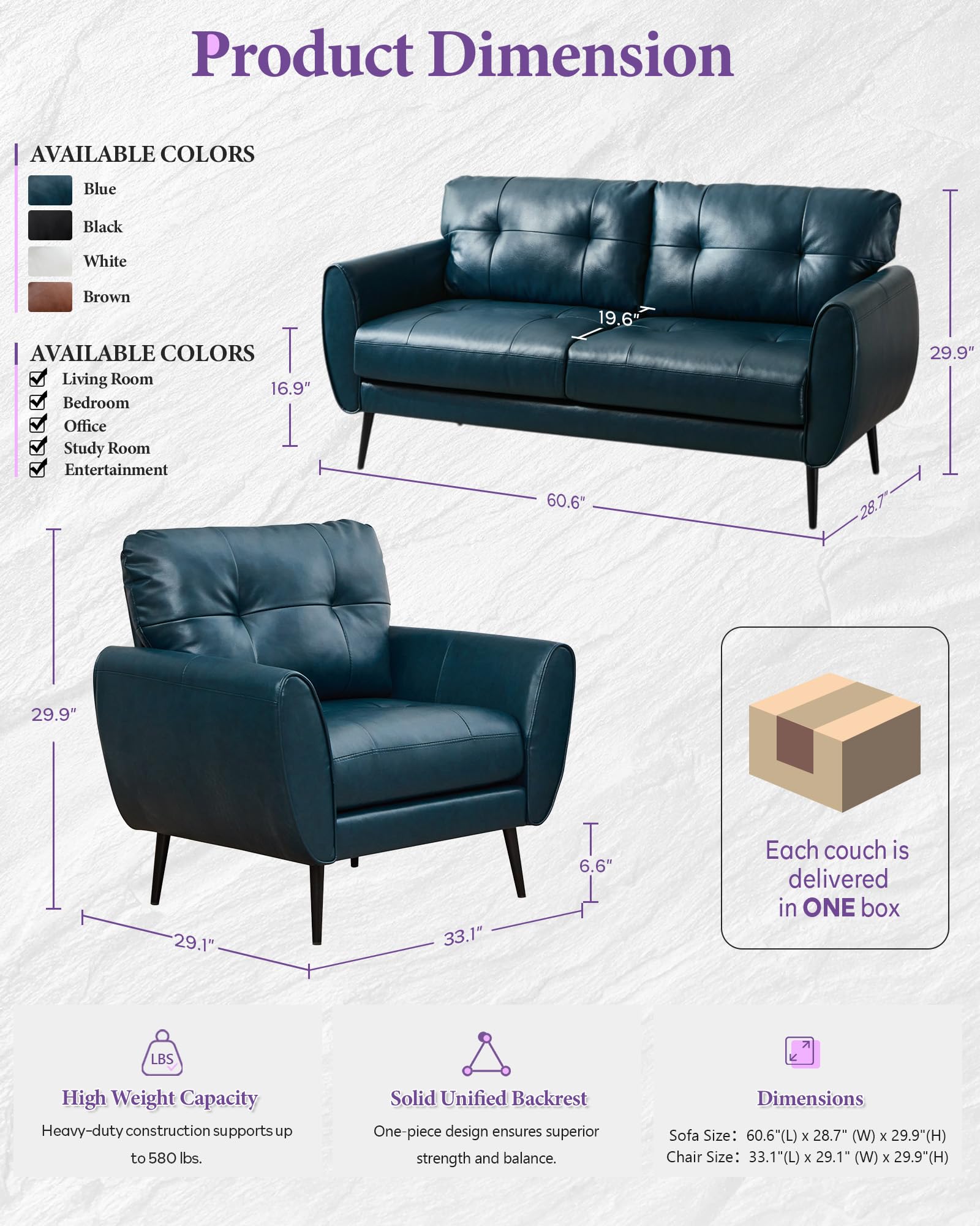 Sofa Couch 61" Small Loveseat Couches for Living Room Leather Couch Mid Century Modern Tufted Mini Sofa Comfy Office 2 Seat Settee Love Seat Small Couches for Bedroom (3, Blue)