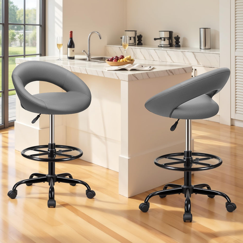 Gray 2 Pack, Drafting Chair with Back, Height Adjustable Rolling Stool with Foot Rest, Tall 360° Swivel Stool PU Leather Chair with Wheels for Home Office, Standing Desk