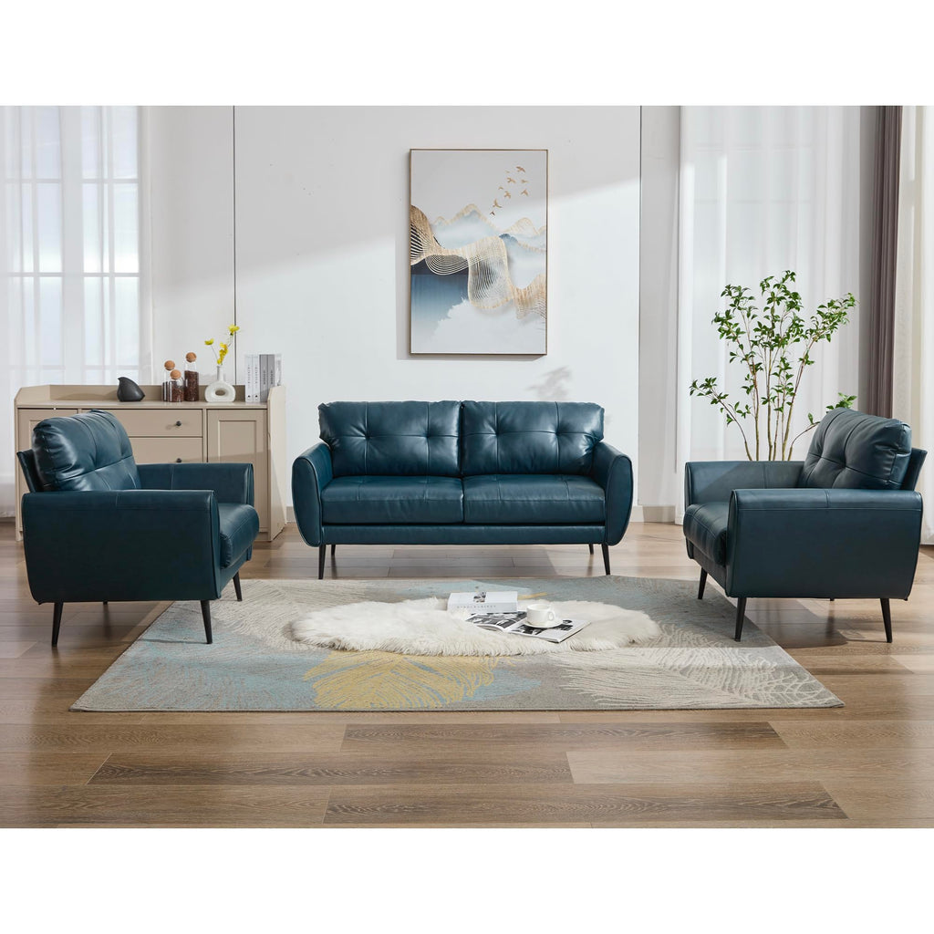 Sofa Couch 61" Small Loveseat Couches for Living Room Leather Couch Mid Century Modern Tufted Mini Sofa Comfy Office 2 Seat Settee Love Seat Small Couches for Bedroom (3, Blue)