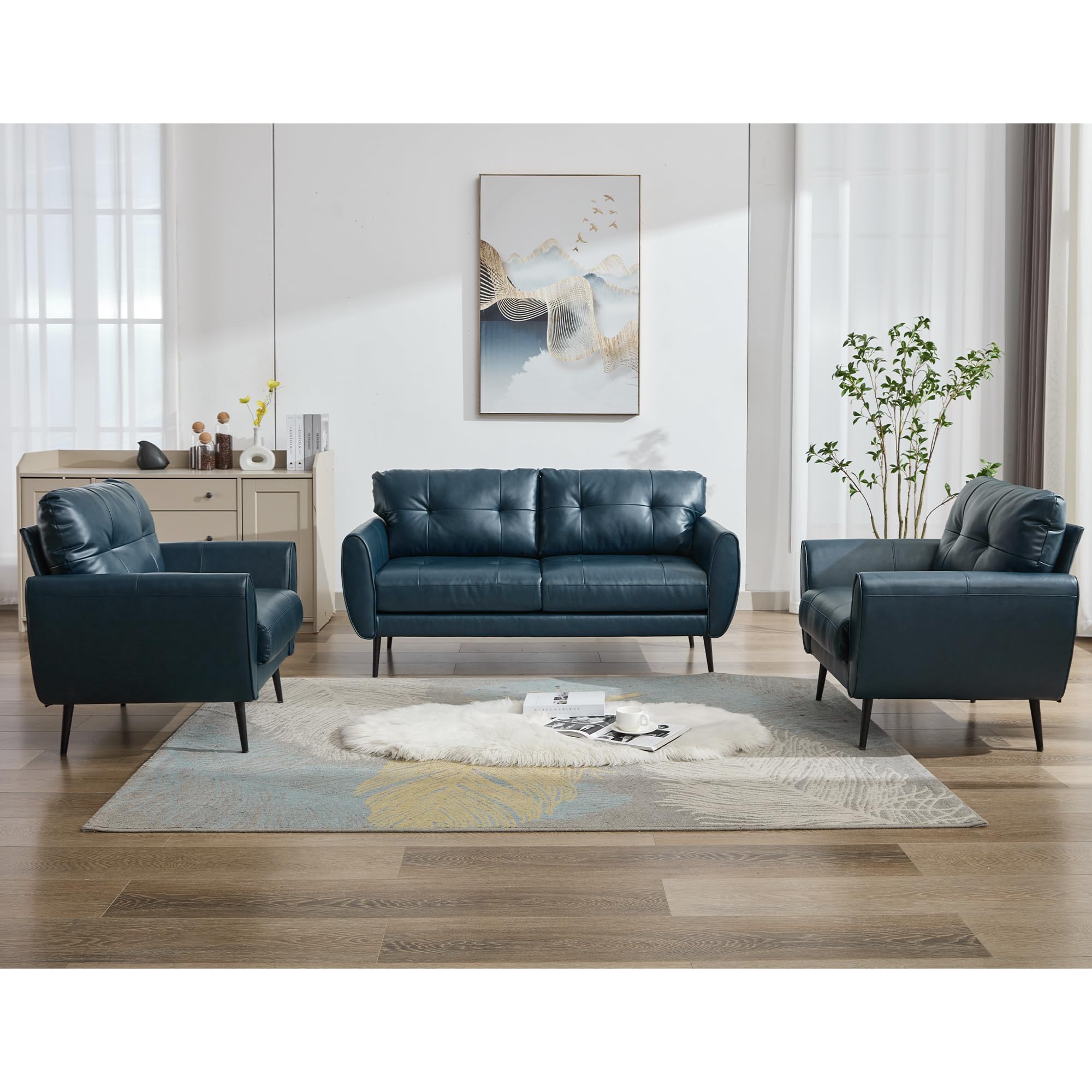 Sofa Couch 61" Small Loveseat Couches for Living Room Leather Couch Mid Century Modern Tufted Mini Sofa Comfy Office 2 Seat Settee Love Seat Small Couches for Bedroom (3, Blue)