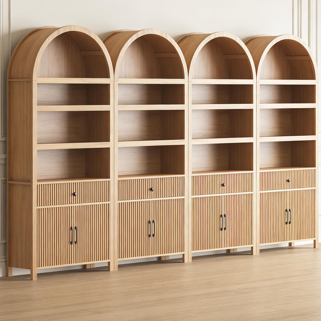 Book Shelf 70" Tall Bookcase with Drawer, 7-Tier Arched Cabinet with Storage and Fluted Door, Mid-Century Modern Modular Arch Bookshelf for Office Living Room Bedroom Library (Oak, 4)
