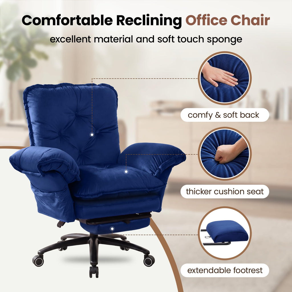 Criss Cross Chair with Adjustable Arms and Foot Rest, Wide Seat Reclining Office Chair with Back and Wheels, Makeup Vanity Chair with Side Pockets, Comfy Velvet Cross Legged Desk Chair, Blue