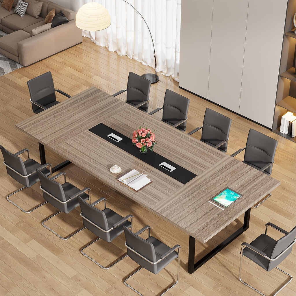 8FT Conference Table Set of 2, Large Meeting Podcast Table for 10 People, Business Style Wooden Training Table with Strong Metal Frame for Office Conference