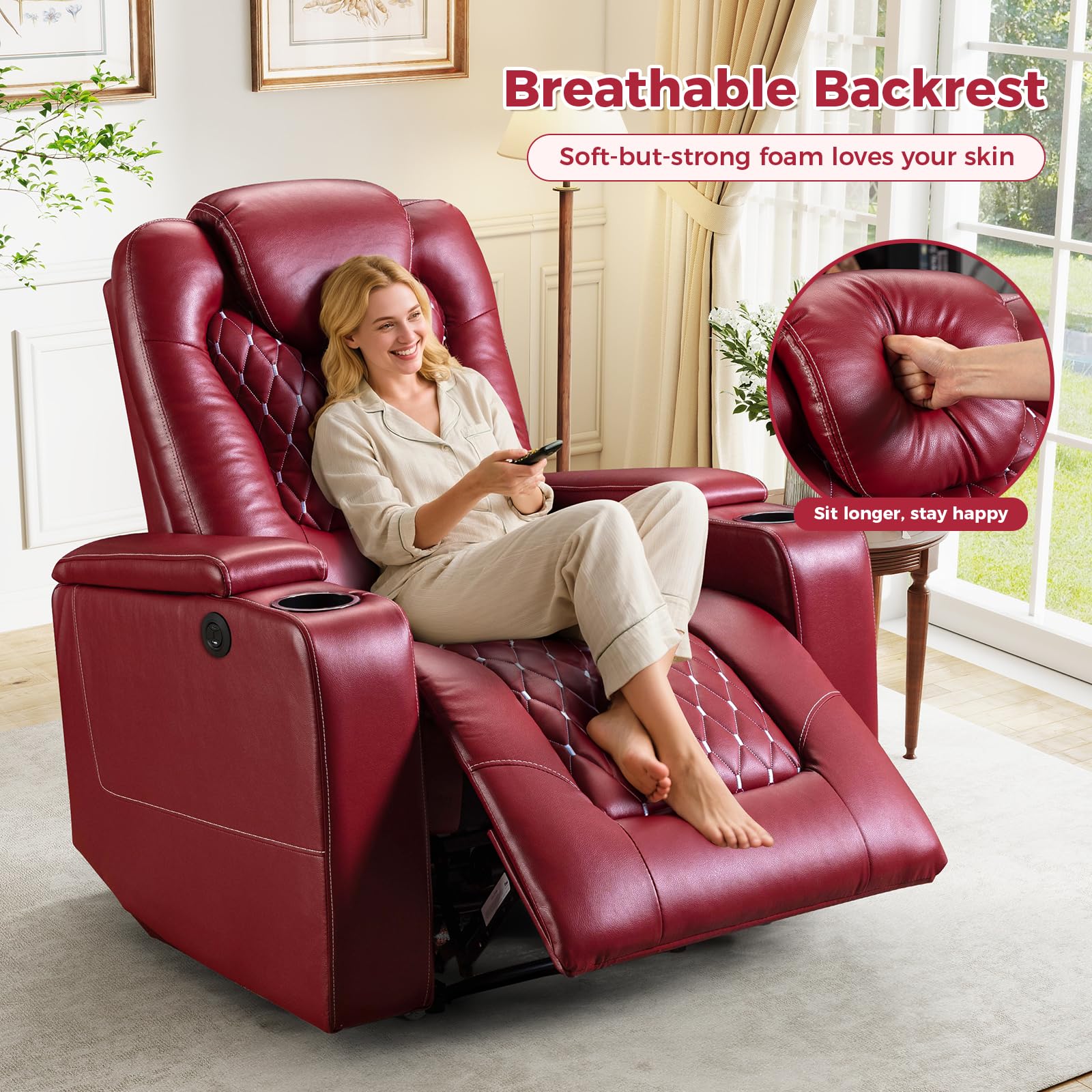 Power Recliner Chair with USB Ports and Cup Holders - Overstuffed Electric Home Theater Seating PU Leather Reclining Furniture with Hidden Arm Storage, Easy to Clean (Red)
