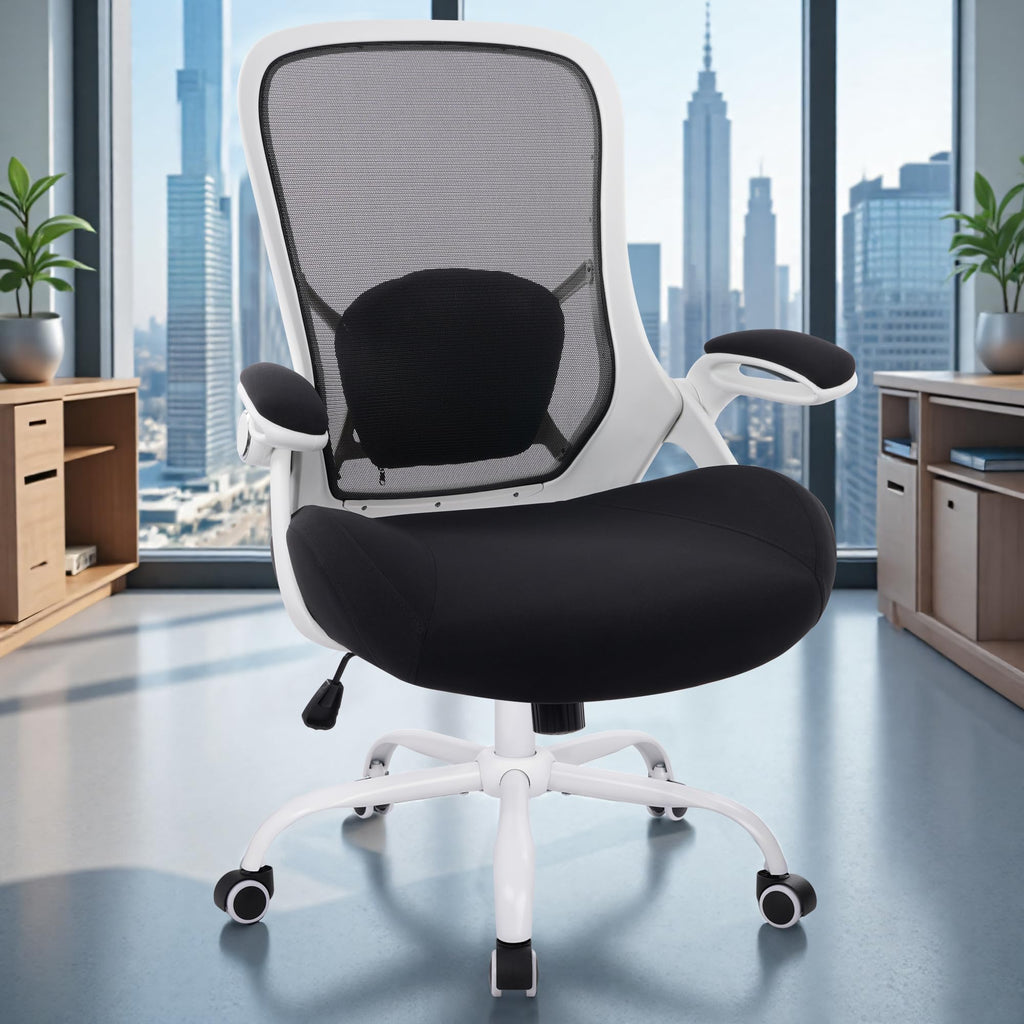400lbs Heavy Duty Office Chair, 5" Thickened Seat Ergonomic Desk Chair with Adjustable Armrests, Home Office Computer Chairs for Long Hours Mesh Executive Chair(White Base&Black)