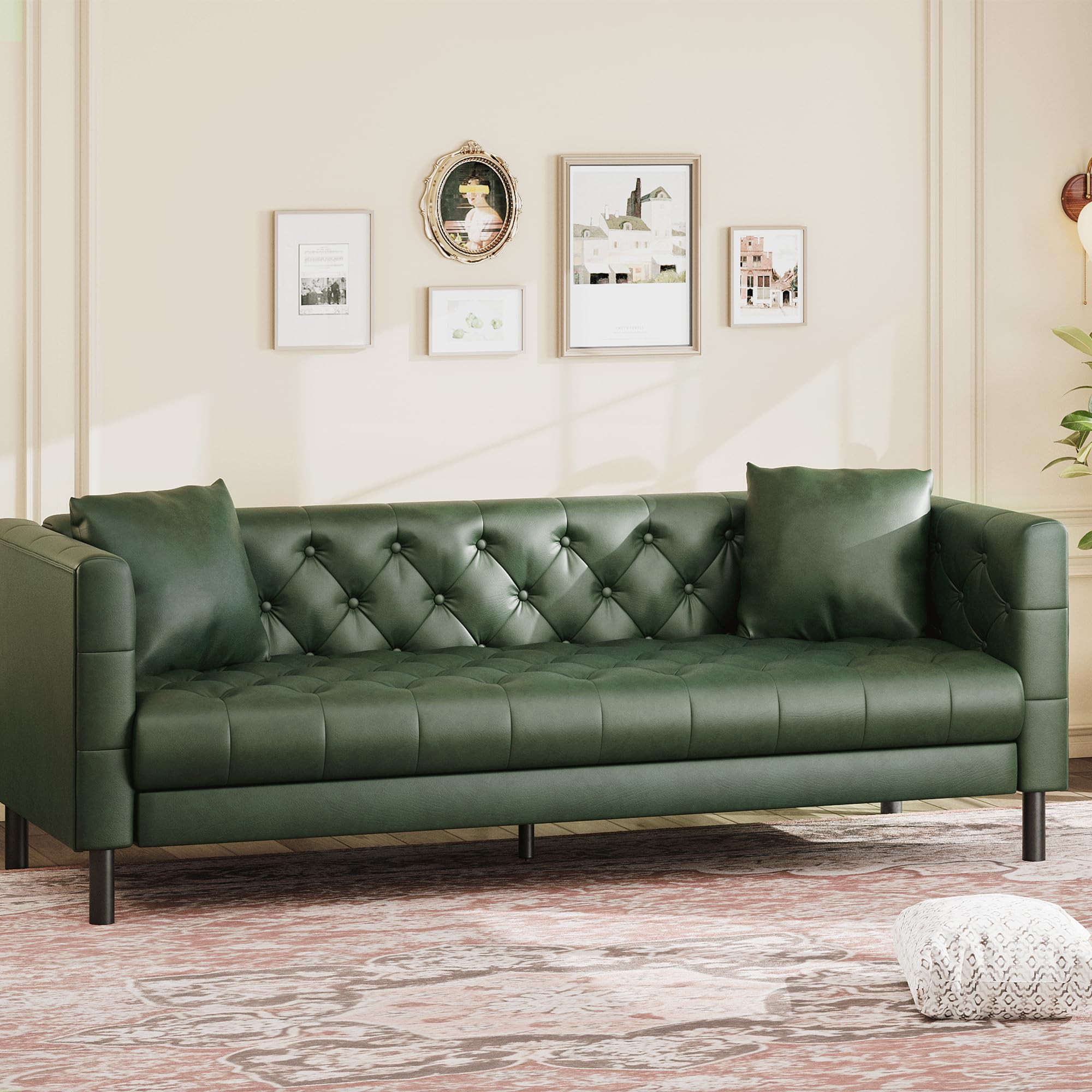 81 in Leather Couch, Modern Sofa Couch with Deep Seat, Handmade Button Tufted 3 Seater Sofa, Leather Sofa for Apartment, Office, Green