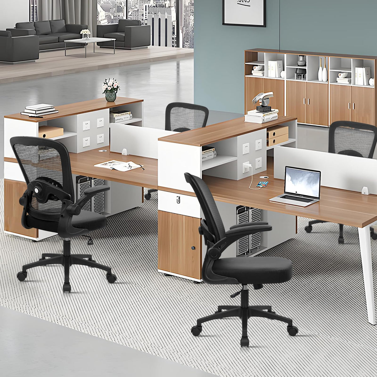 Desk Chairs with Wheels, Ergonomic Mesh Back PU Leather Seat Home Office Chair Adjustable Lumbar Support and Height Swivel Rolling Computer Task Chairs with Flip Up Arms for Conference, Black