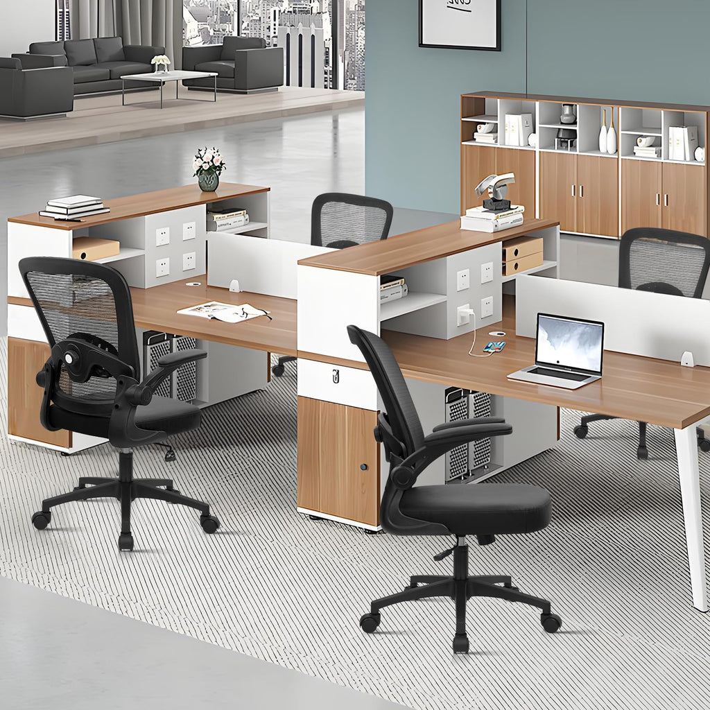 Desk Chairs with Wheels, Ergonomic Mesh Back PU Leather Seat Home Office Adjustable Lumbar Support and Height Swivel Rolling Computer Task Chair with Flip Up Arms for Conference, Black, 2PK