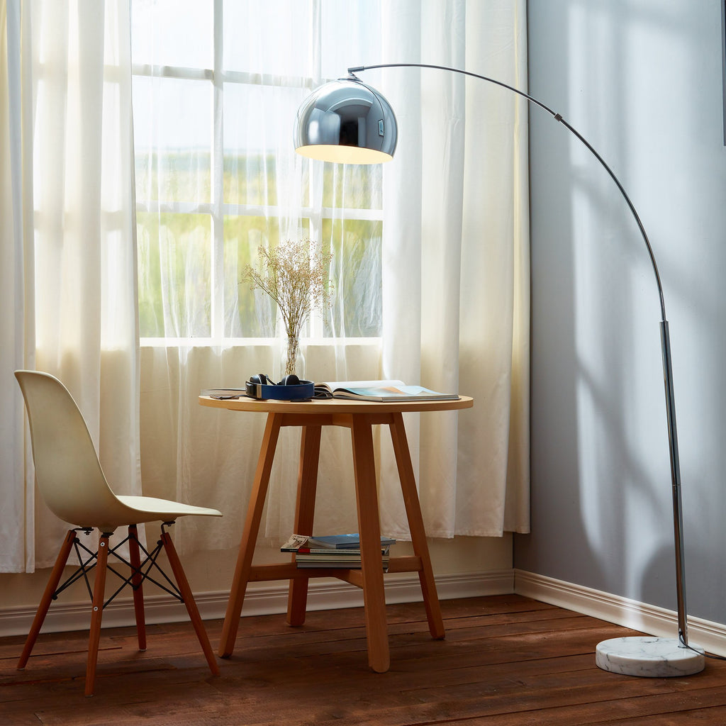 Arquer 68.1" Arc Floor Lamp for Living Rooms, Home Offices, Dining Rooms, Bedrooms with Faux White Marble Base and Chrome Bell Shade