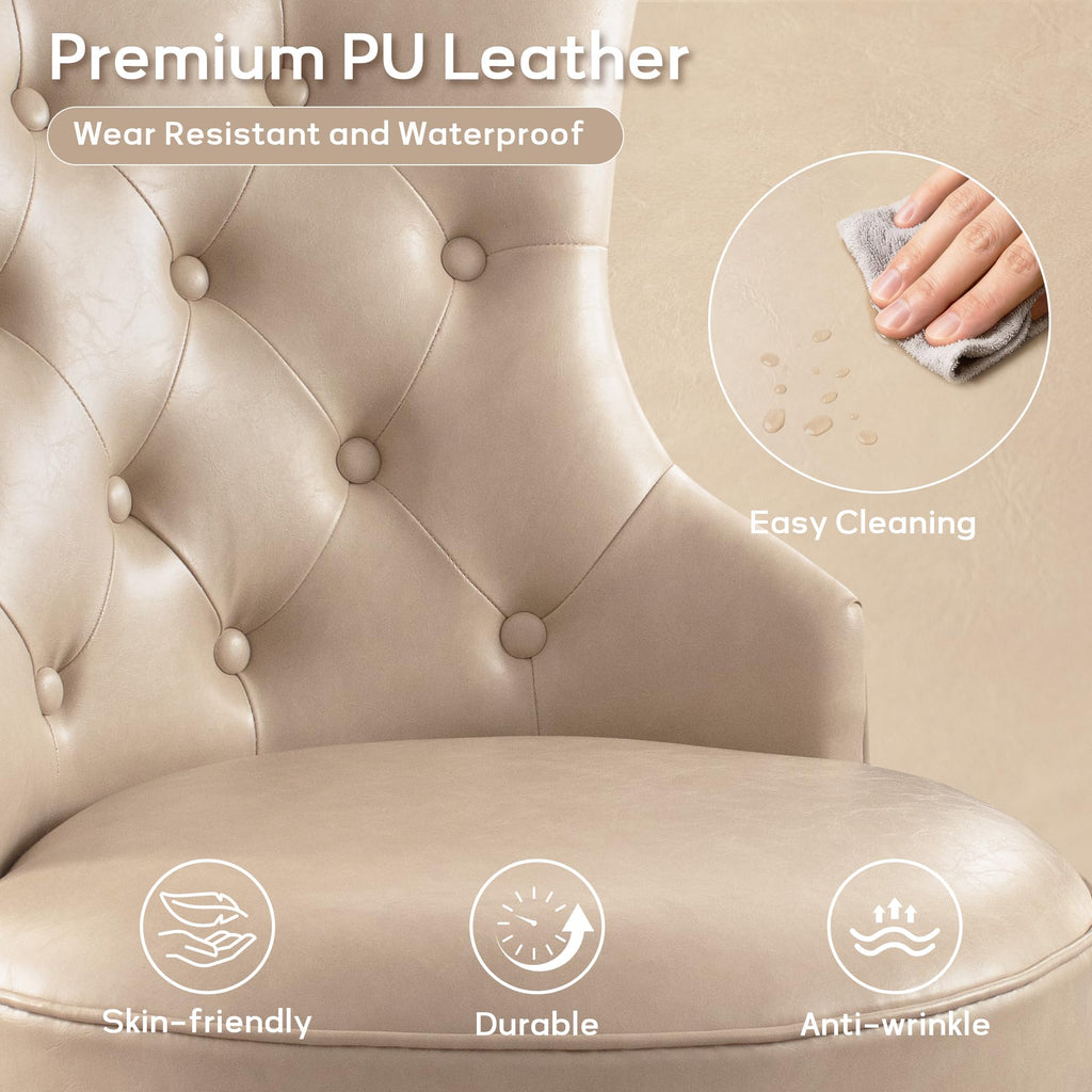 Home Office Chair Upholstered PU Leather Armless Desk Chair with Wheels Adjustable Height Computer Desk Chair with Wooden Legs Comfortable Swivel Chair for Home Office Study Studio (Light Taupe)