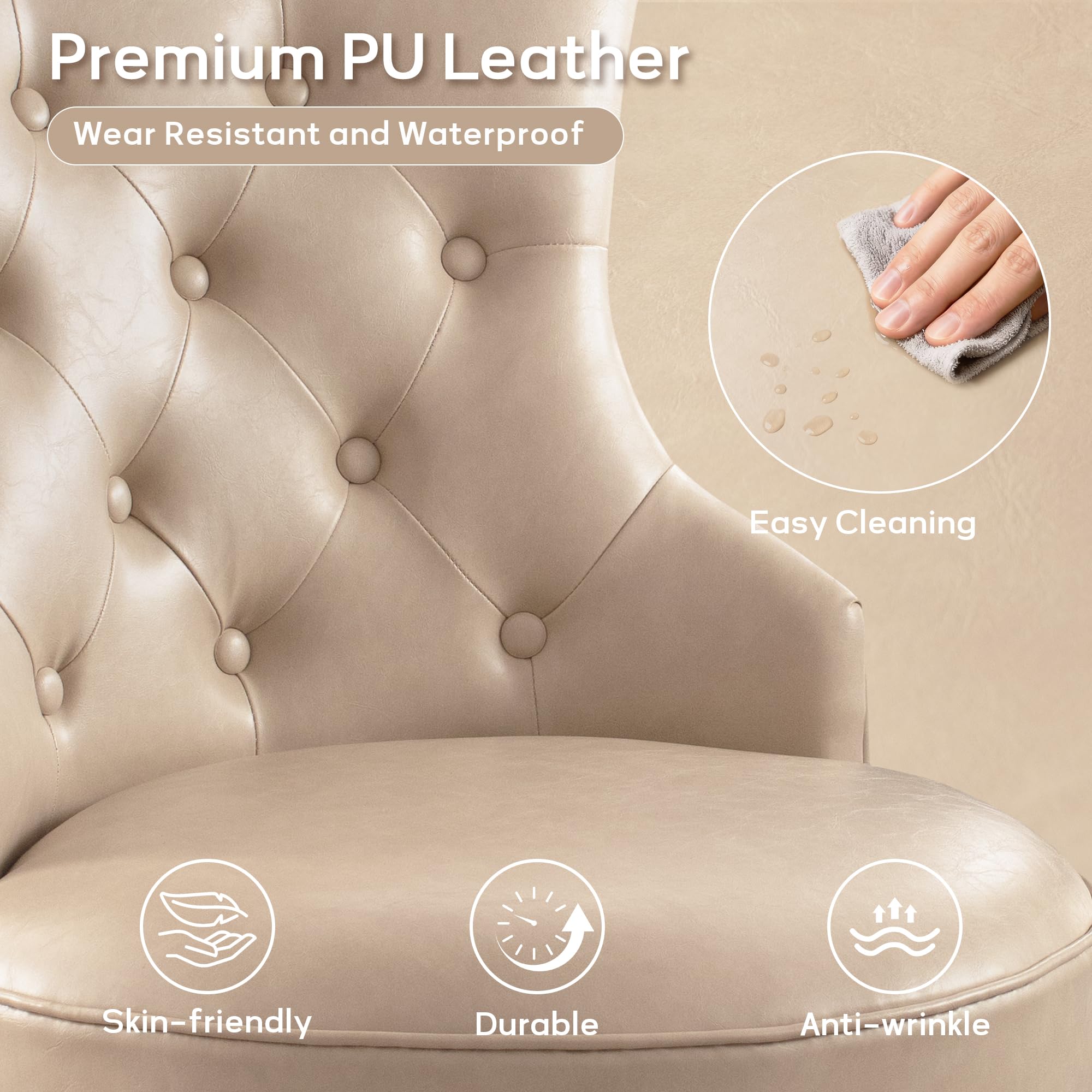 Home Office Chair Upholstered PU Leather Armless Desk Chair with Wheels Adjustable Height Computer Desk Chair with Wooden Legs Comfortable Swivel Chair for Home Office Study Studio (Light Taupe)