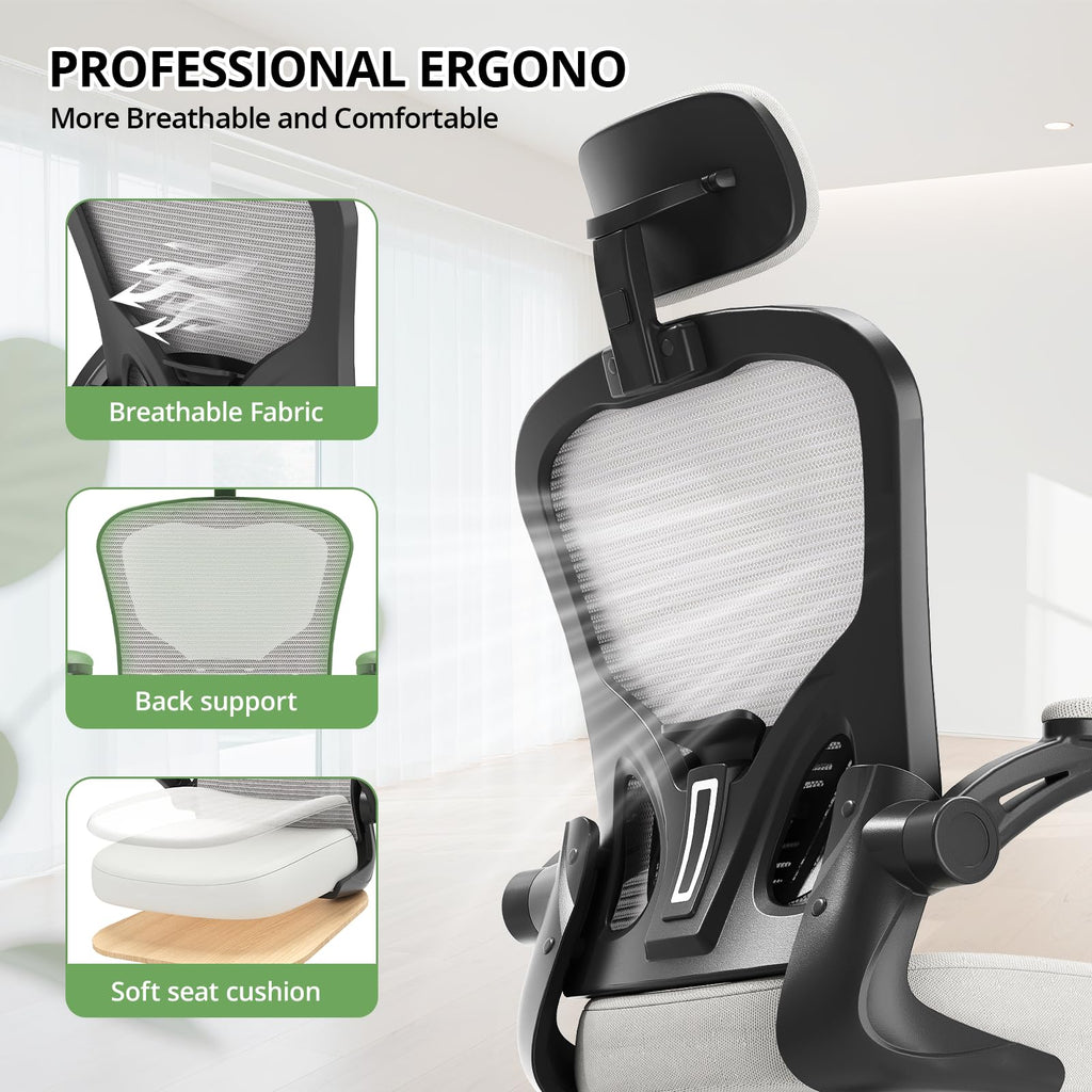 Office Chair Ergonomic Desk Chair, 330LBS Capacity, High Back Computer Design for Long Hours Comfort, Rolling Swivel Executive Task for Home Office with Flip-up Armrests, Black Grey