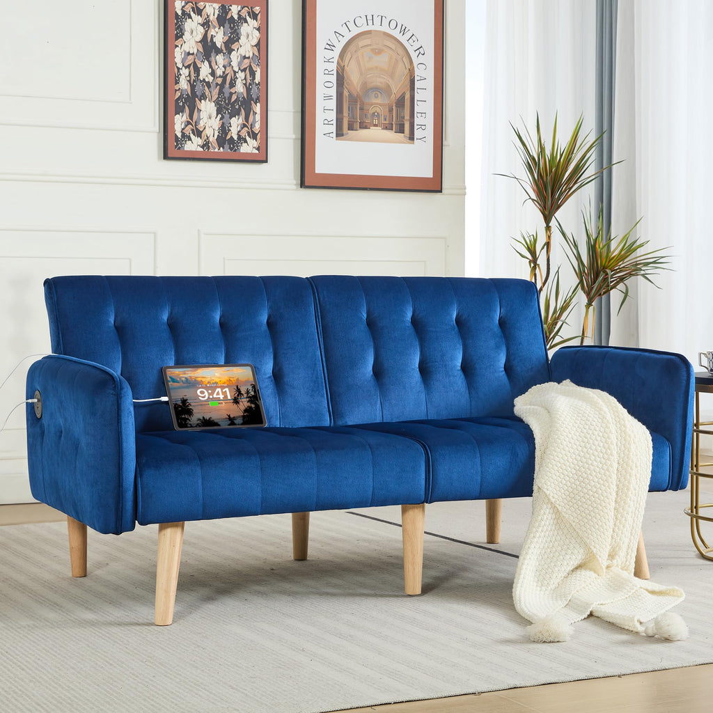 62.99" W Velvet Modern Convertible Folding Futon Couch Sofa Bed w/ 2 USB Charging Ports for Compact Living Space, Small Couches for Office, Dorm, RV Room, Apartment, Bedroom (Navy Blue)