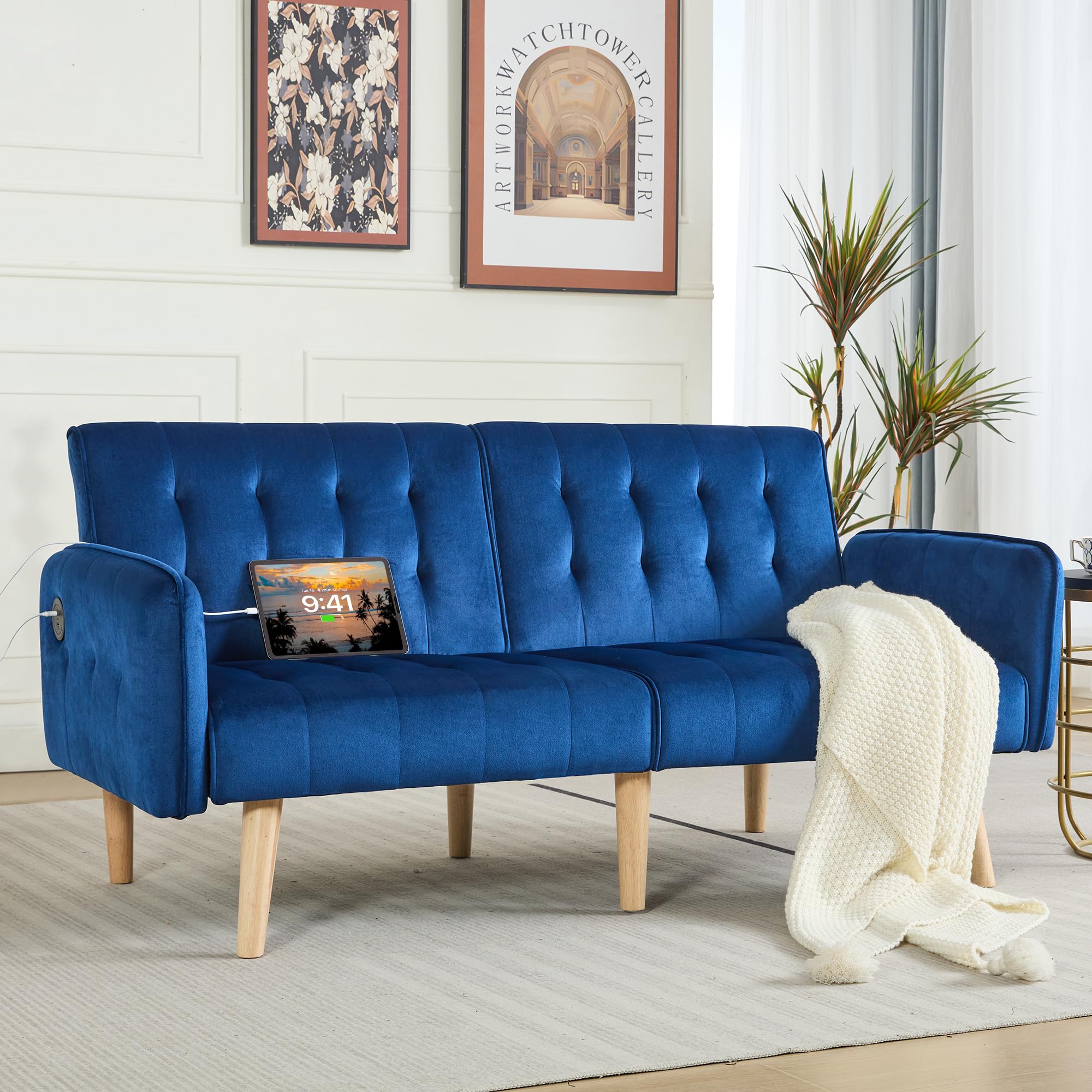 62.99" W Velvet Modern Convertible Folding Futon Couch Sofa Bed w/ 2 USB Charging Ports for Compact Living Space, Small Couches for Office, Dorm, RV Room, Apartment, Bedroom (Navy Blue)