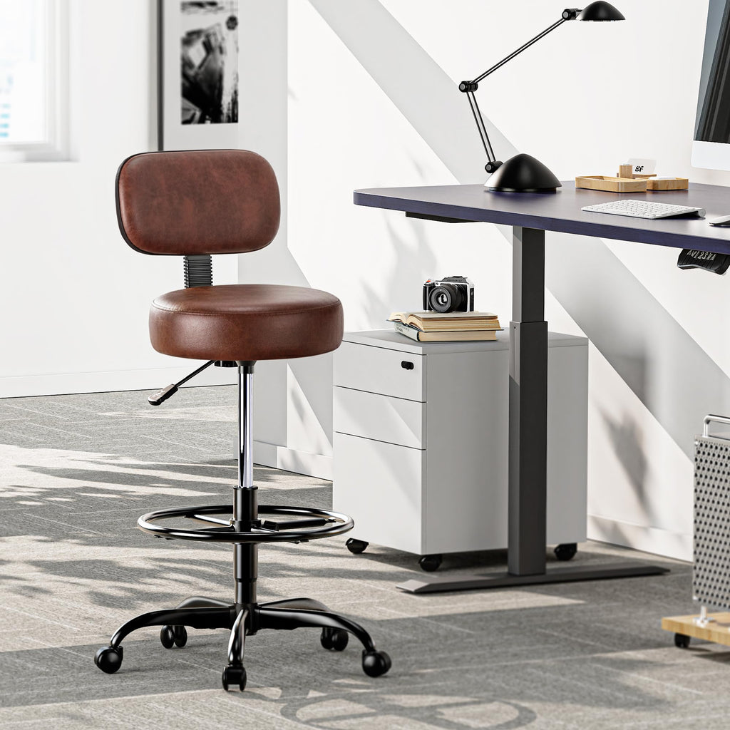 Drafting Chair with Back, Adjustable Foot Rest Rolling Stool, Multi-Purpose Office Desk Chair, Thick Seat Cushion for Home Bar Kitchen Shop - Rustic Brown