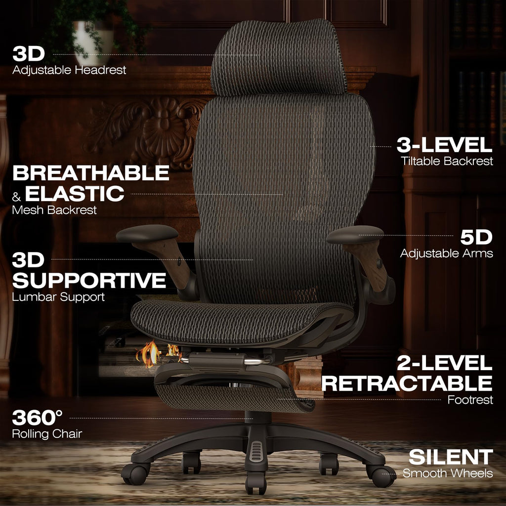 X100 Ergonomic Office Chair with Footrest, Big and Tall Home Desk Chair with 5D Flip-Up Arms, Adjustable 3D Lumbar Support,High Back Rolling Computer Chair, Swivel Mesh Chairs (Library Oak)