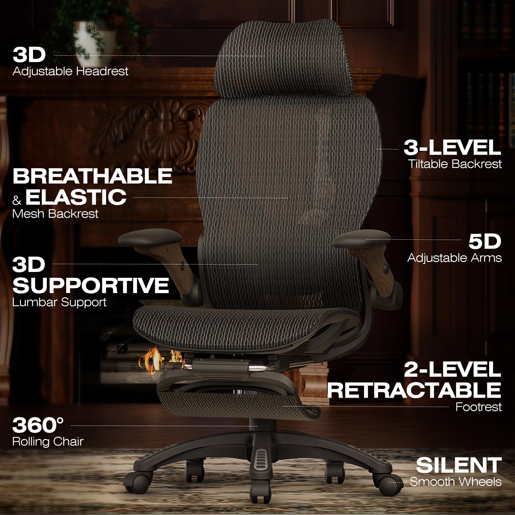 X100 Ergonomic Office Chair with Footrest, Big and Tall Home Desk Chair with 5D Flip-Up Arms, Adjustable 3D Lumbar Support,High Back Rolling Computer Chair, Swivel Mesh Chairs (Library Oak)