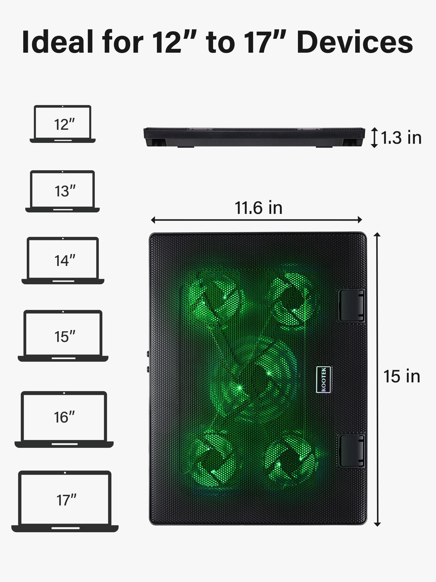 Laptop Cooling Pad, Laptop Cooler with 5 Quiet Fans for 12"-17" Computer PC Notebook Gaming Laptop Fan, Height Adjustable Laptop Cooling Stand Laptop Accessories, Green