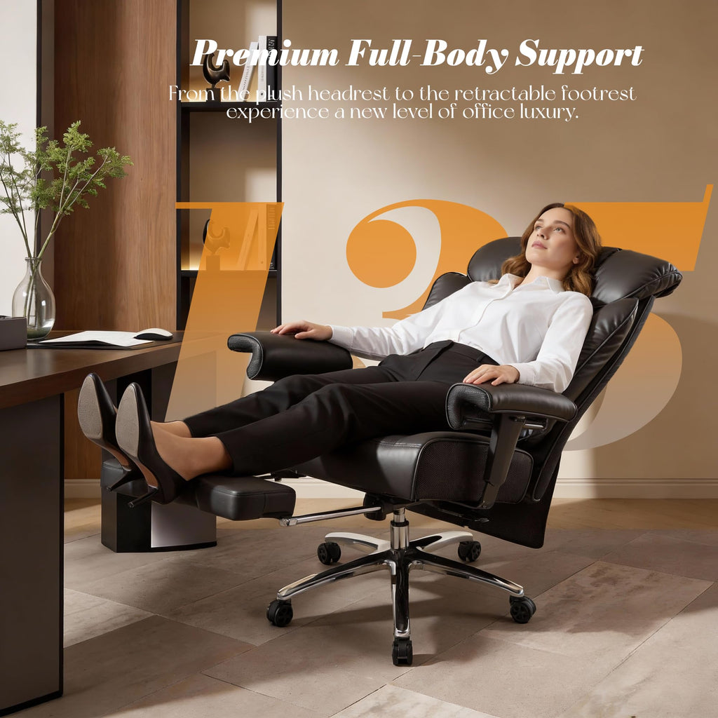 Big and Tall Office Chair 400 lbs Capacity, Oversized Executive Desk Chair with Footrest, Extra Wide 23" Seat, High Back Ergonomic PU Leather Home Office Chair， Black