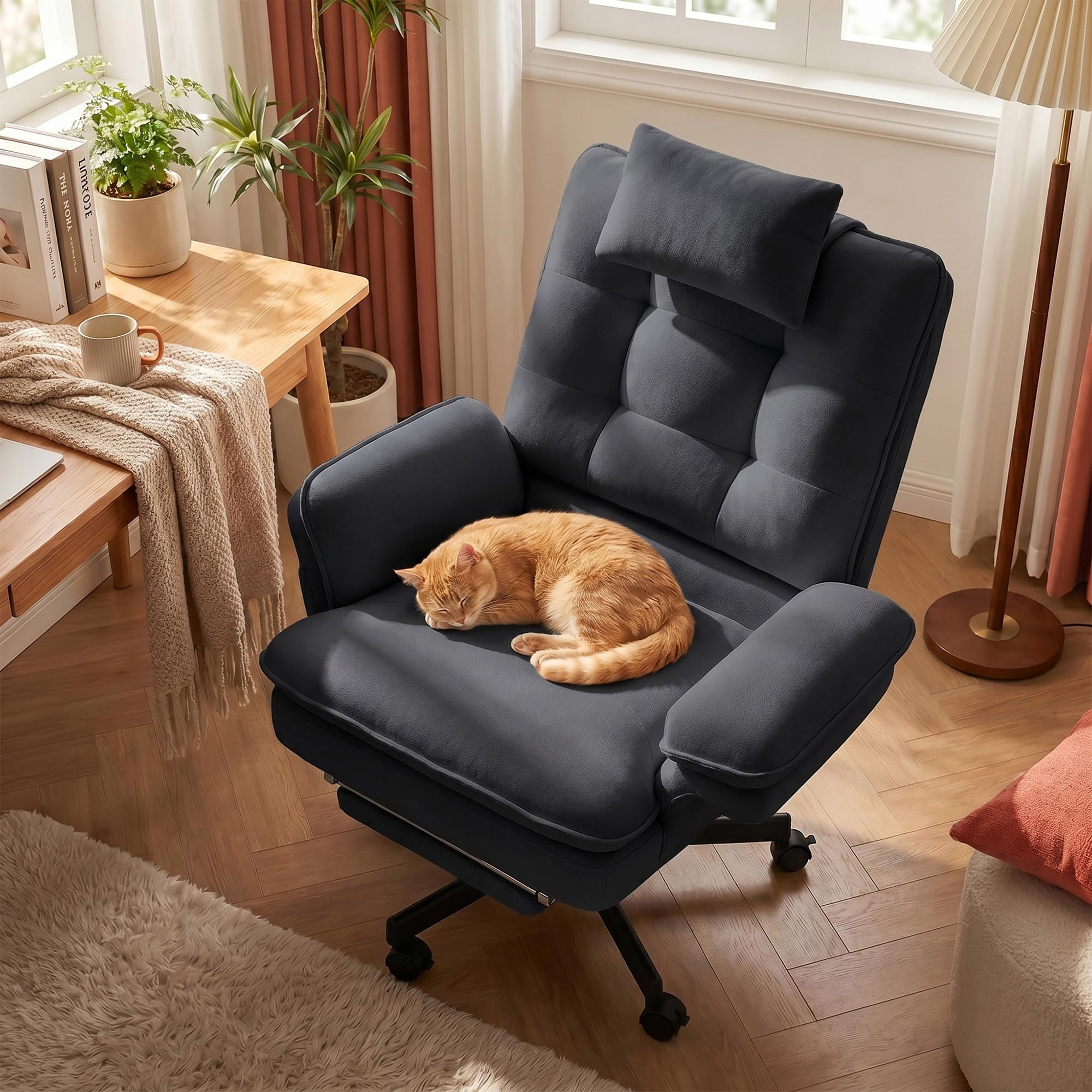 Criss Cross Office Chair with Foot Rest, Big and Tall Criss Cross Chair with Flip-Up Arms and Headrest, 135° Reclining Swivel Velvet Cross Legged Office Chair with Wheels, Cloud Chair for Home (Gray)