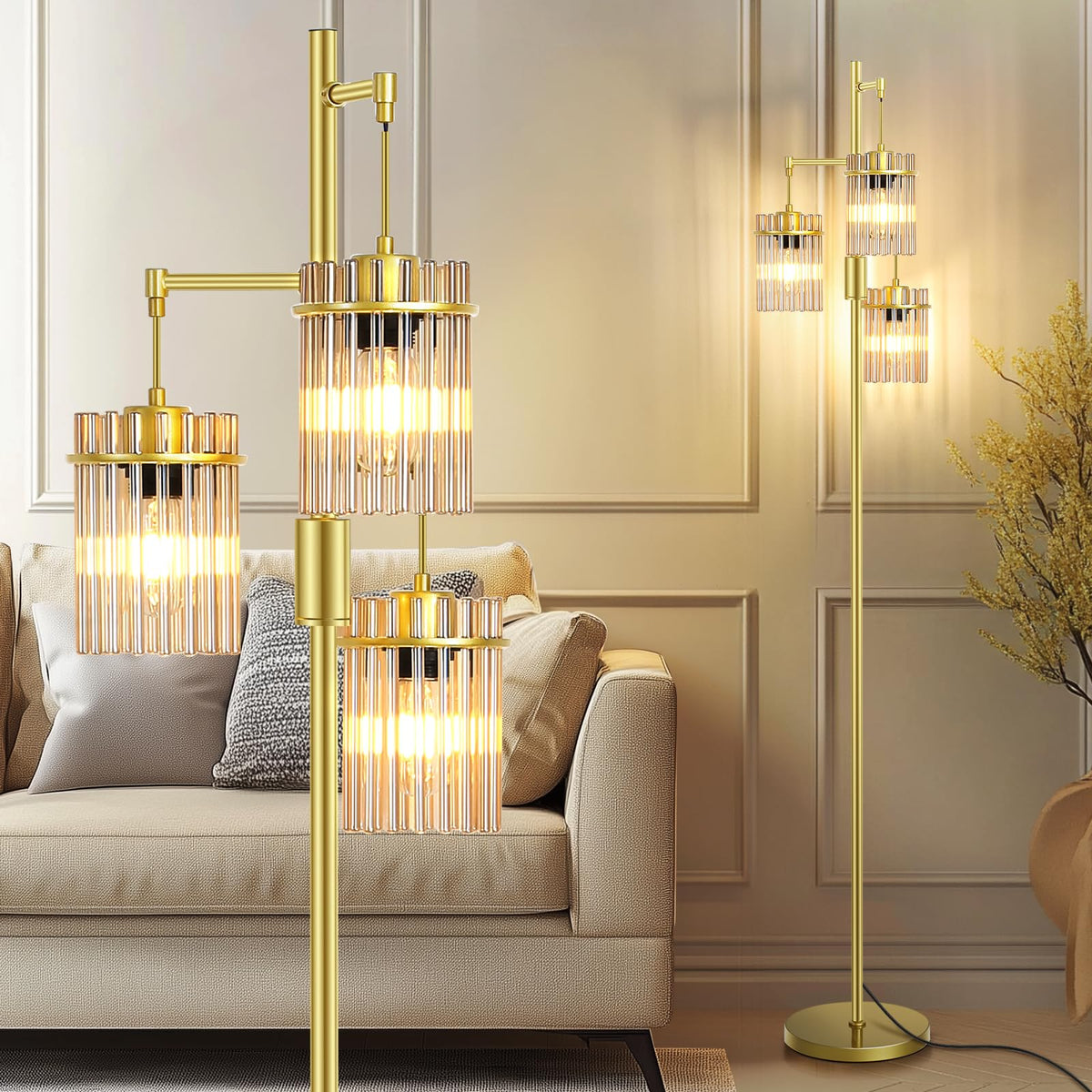 Crystal Gold Glass Tree Floor Lamp for Living Room for Farmhouse Industrial