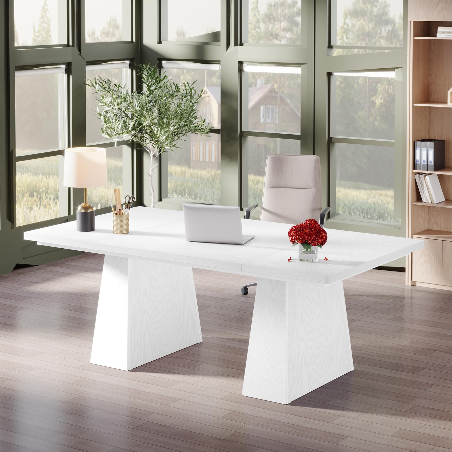 63-Inch Executive Desk, Large Office Computer Desk with Double Pedestal, Modern Simple Workstations Writing Table Conference Table Business Furniture for Home Office, White