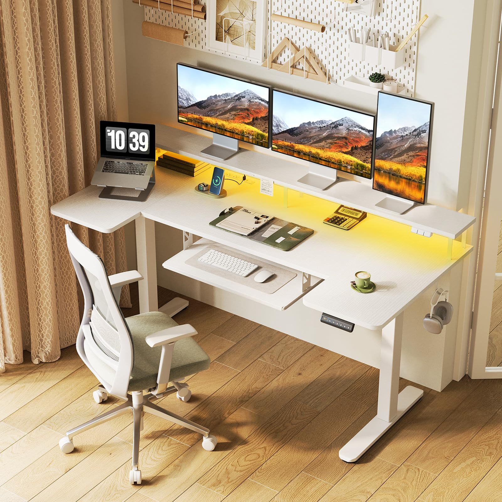 U Shaped Electric Standing Desk with Keyboard Tray, 63 Inch Height Adjustable Desk with Power Outlets & LED Lights, Sit Stand Table with Monitor Stand for Home, Office, White