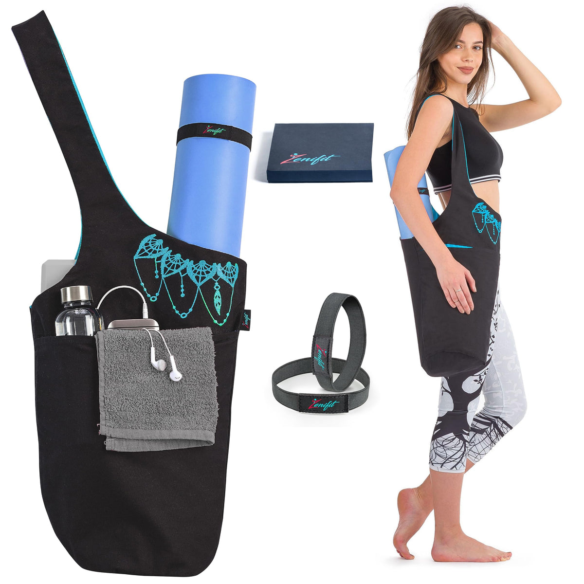 Yoga Mat Bag & Carrier with Pockets for Women, Black & Blue