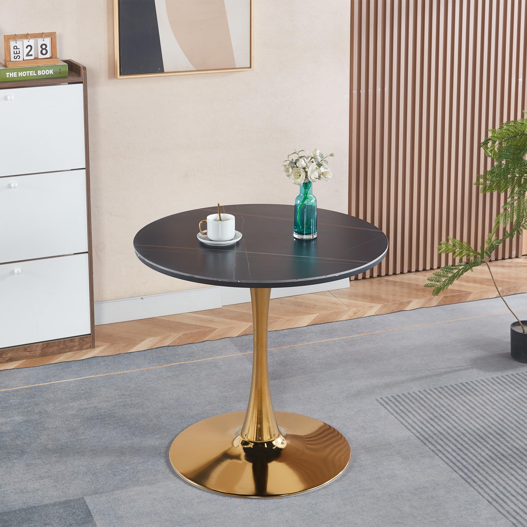 31.5" Round Tulip Dining Table, Mid-Century Tulip Table Kitchen Tulip Dining Table 2 People with Faux Marble Table Top & Metal Base for Office Living Room