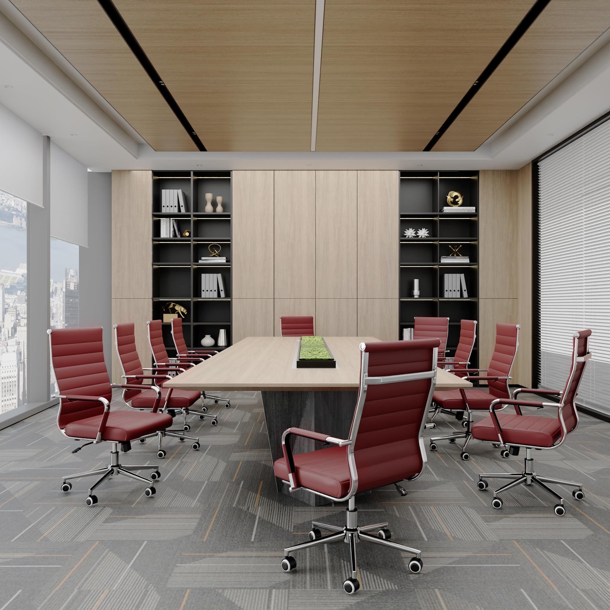 Red Office Desk Chair, Ergonomic Leather Modern Conference Room Chairs, Executive Ribbed Height Adjustable Swivel Rolling Chair for Home Office. (Red)
