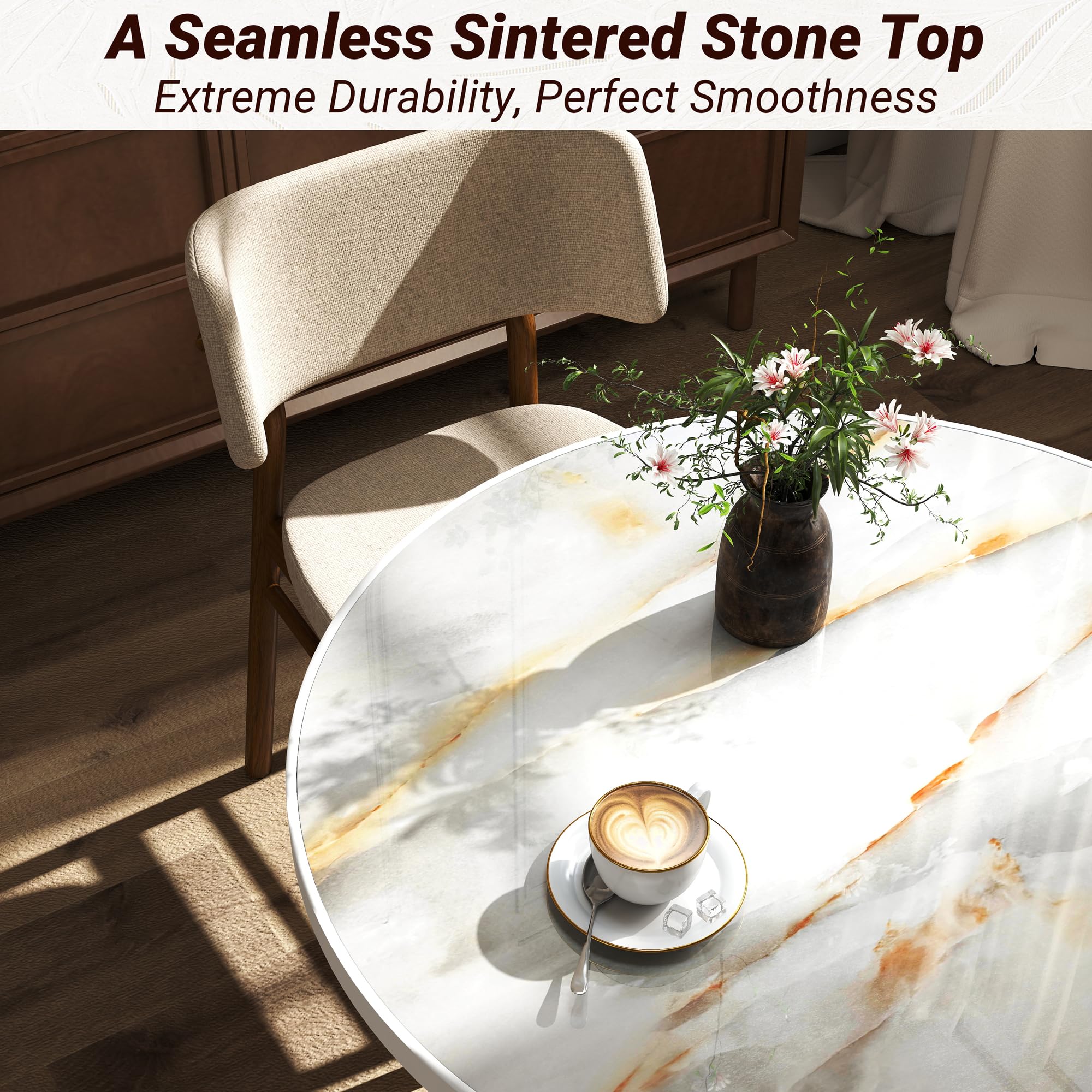 hausway 31.5" Tulip Table,Round Kitchen Dining Table for 2-4 with Thick Sintered Stone Top,Titanium Golden Pedestal Base,Heat-Resistant,Bistro Table for Dining Room,Café,Small Space（Silk Floating）