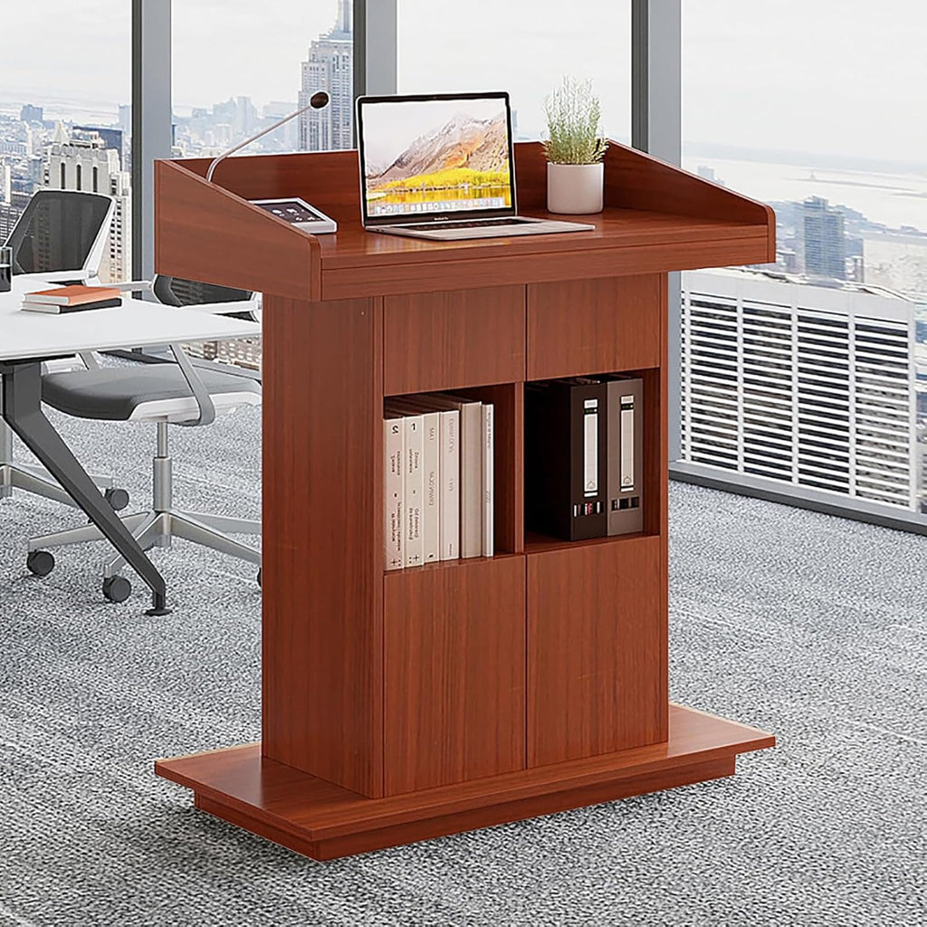 Podium Wooden Podium Floor Standing Podiums Teacher Podium Lectern Lecterns & Podiums Church Podium and Pulpits with Wire Holes and Storage (Dark Walnut, L39.4″×W19.68″×H44″)