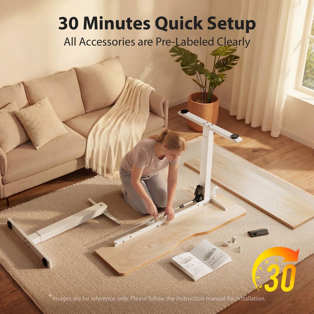 Standing Desk, 55x28 Inches Sit Stand Home Office Desk, Electric Stand up Desk, Adjustable Desk with Splice Board, White Frame/Maple Top
